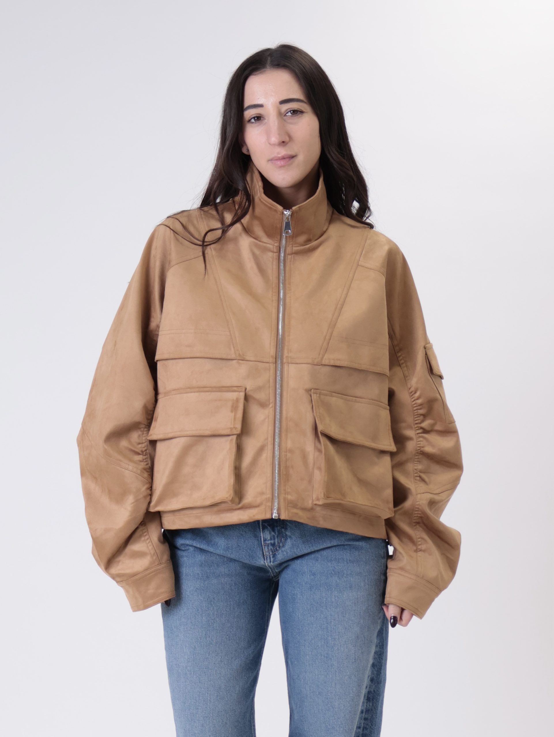 Bomber scamosciato tasche tabacco