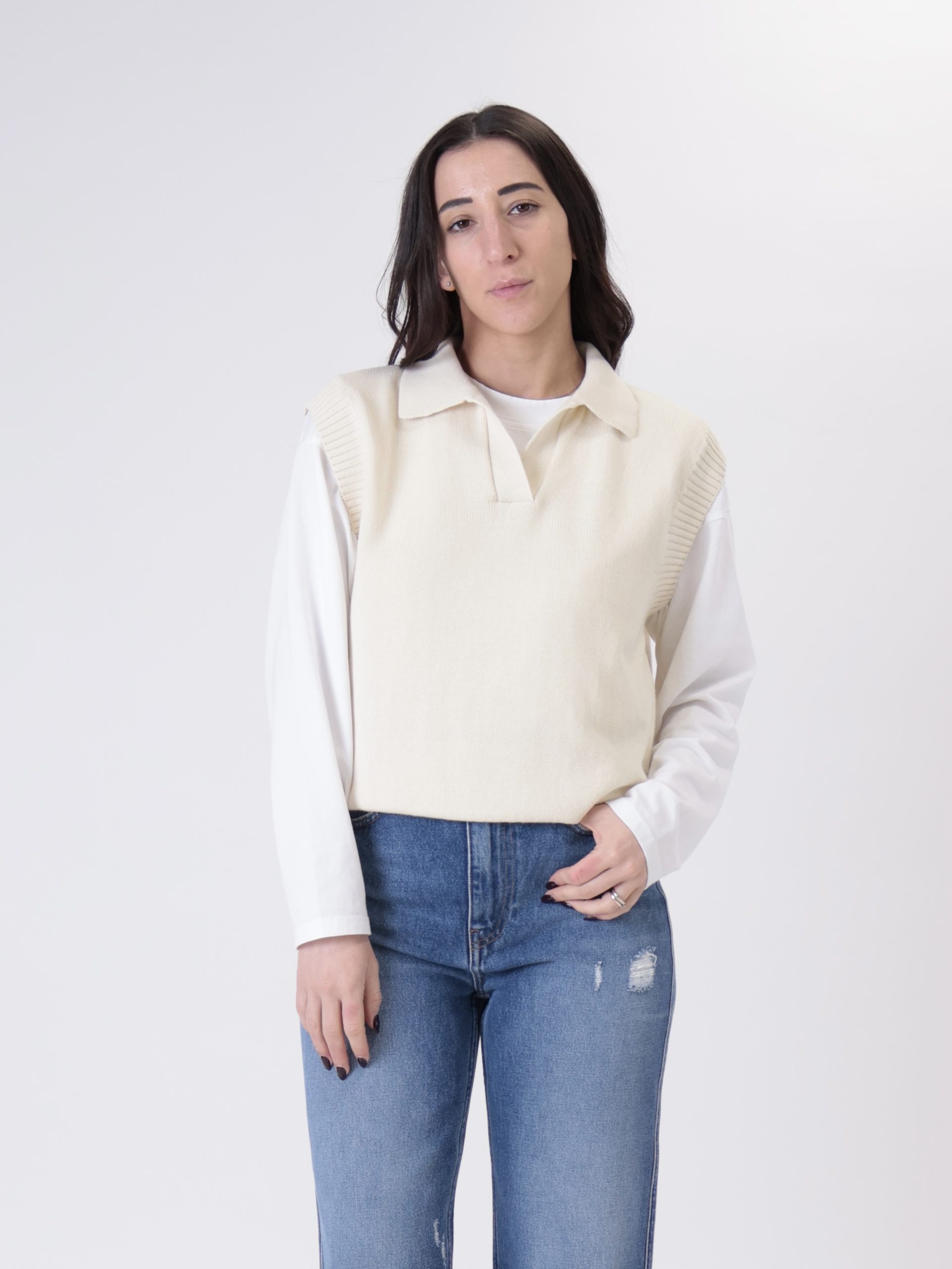 Polo smanicata cotone panna