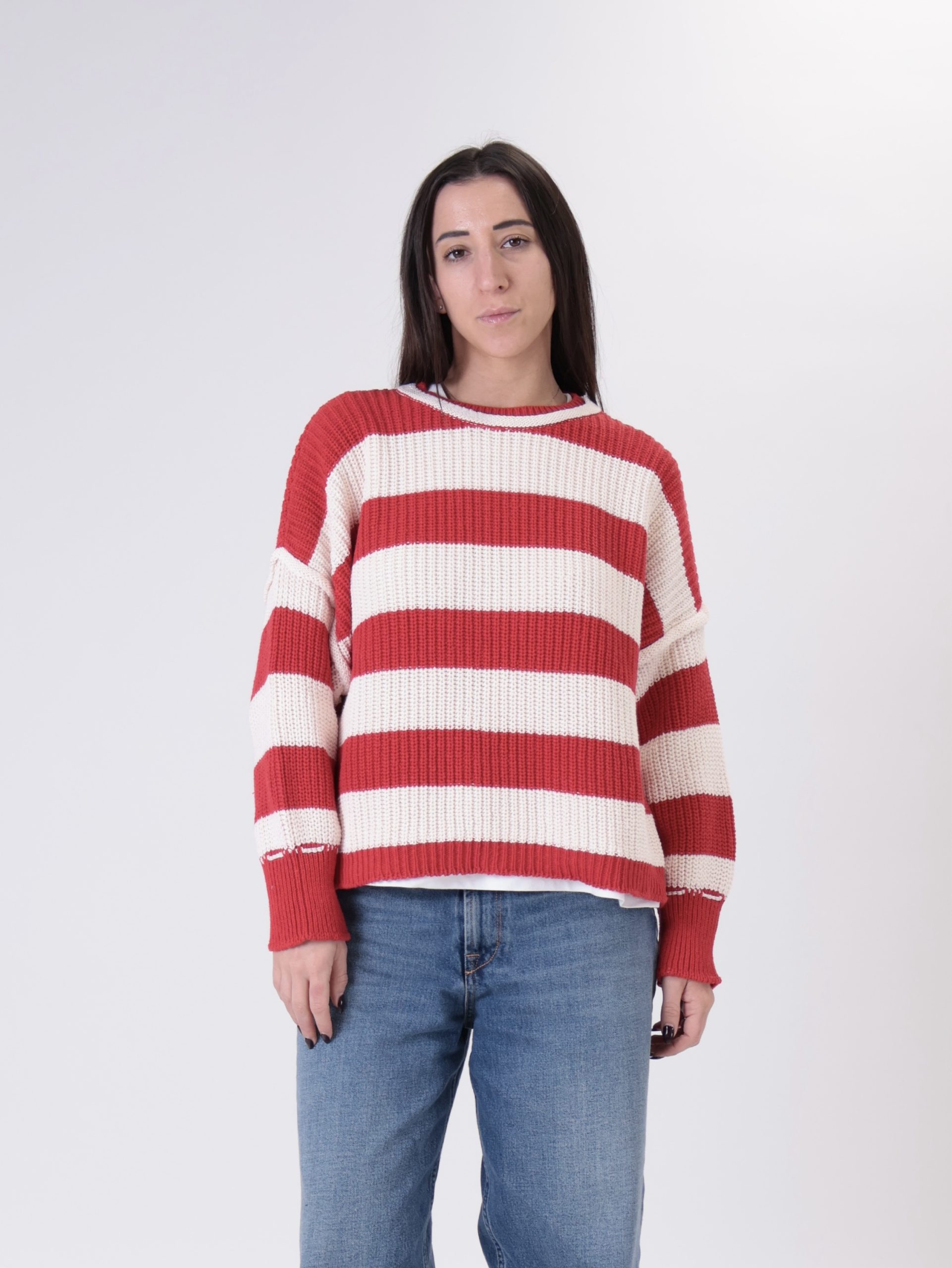 Pullover rigato rosso/panna