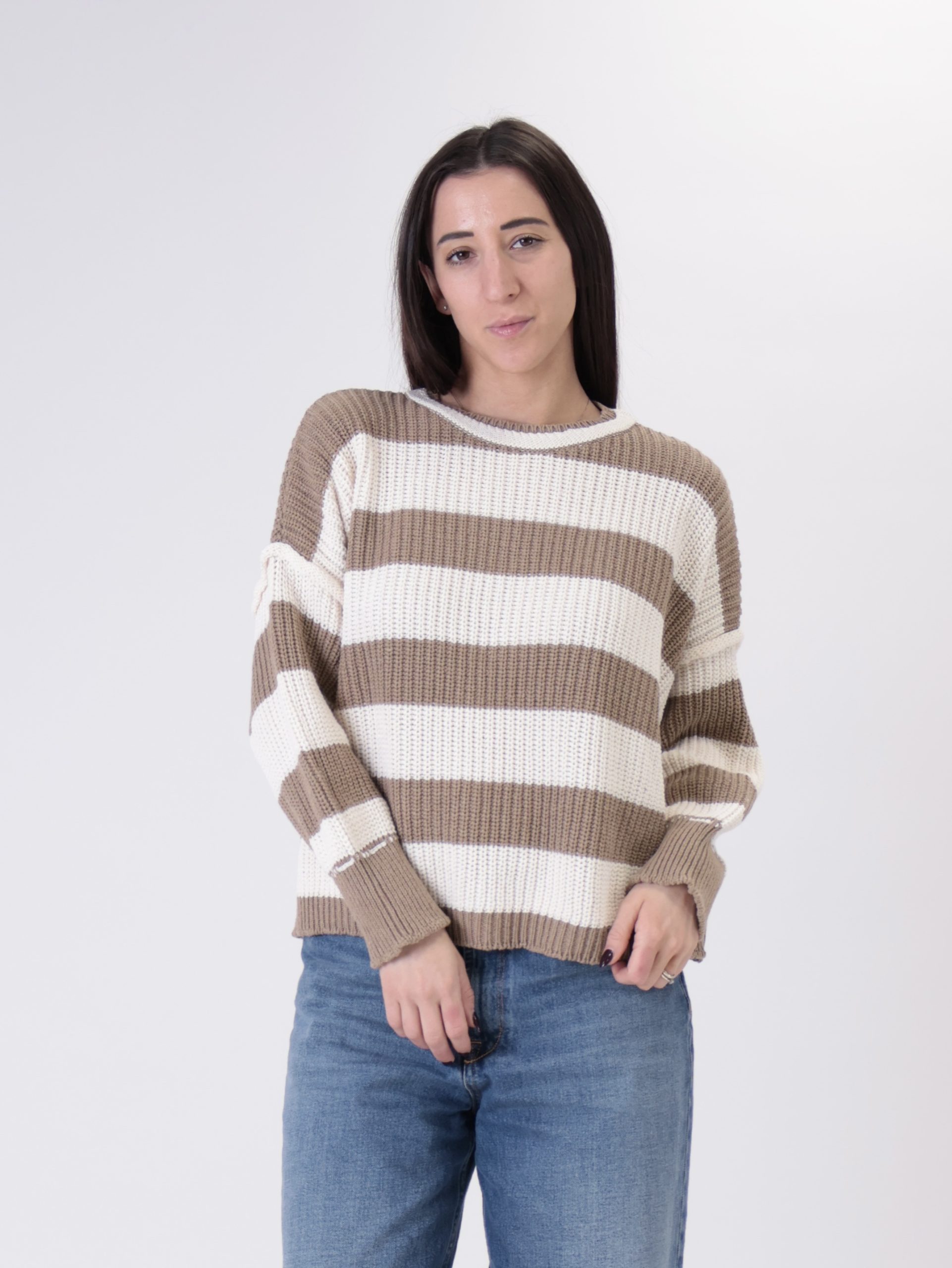 Pullover rigato cammello/panna