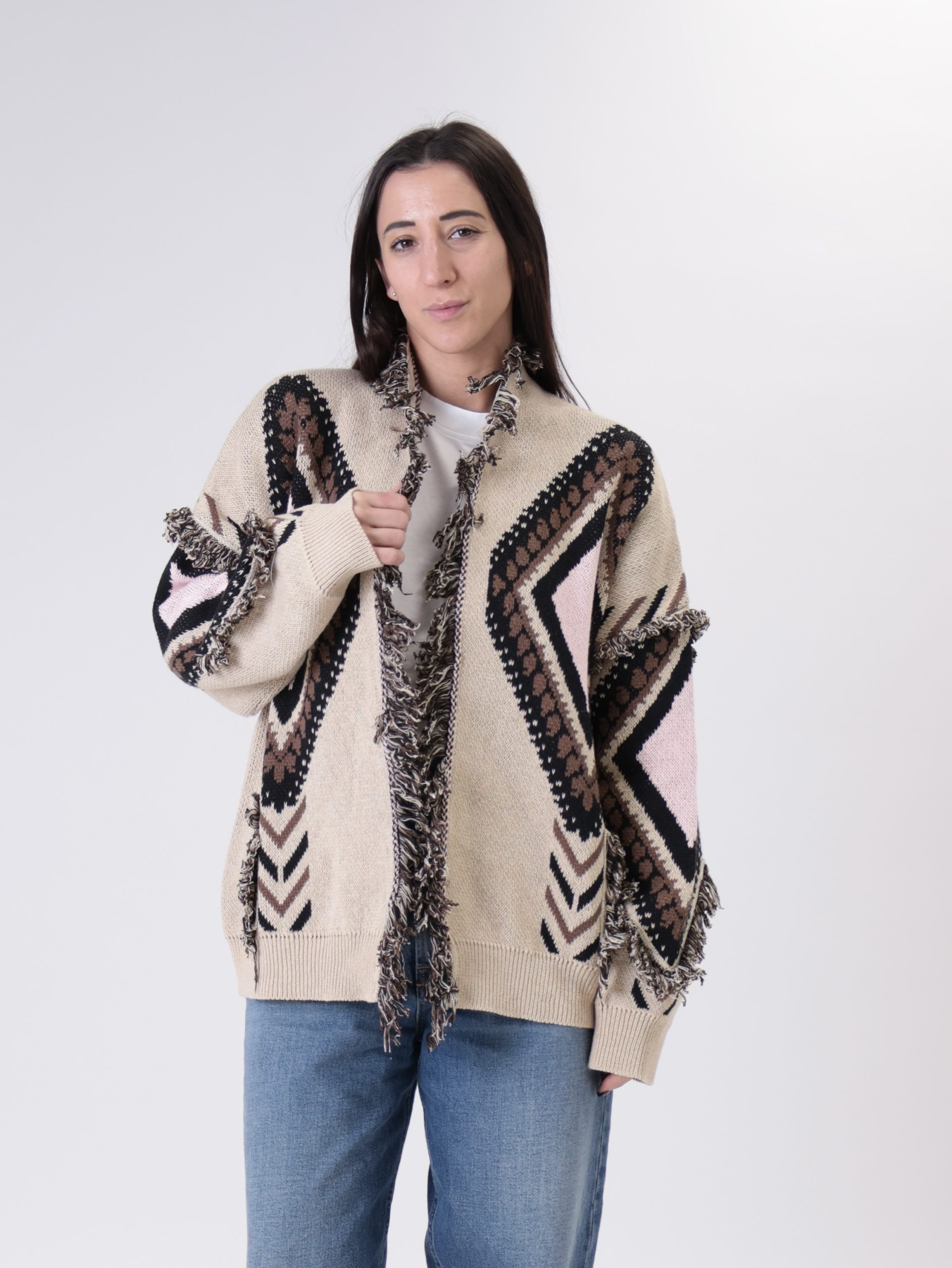 Cardigan fantasia rombi rosa/beige
