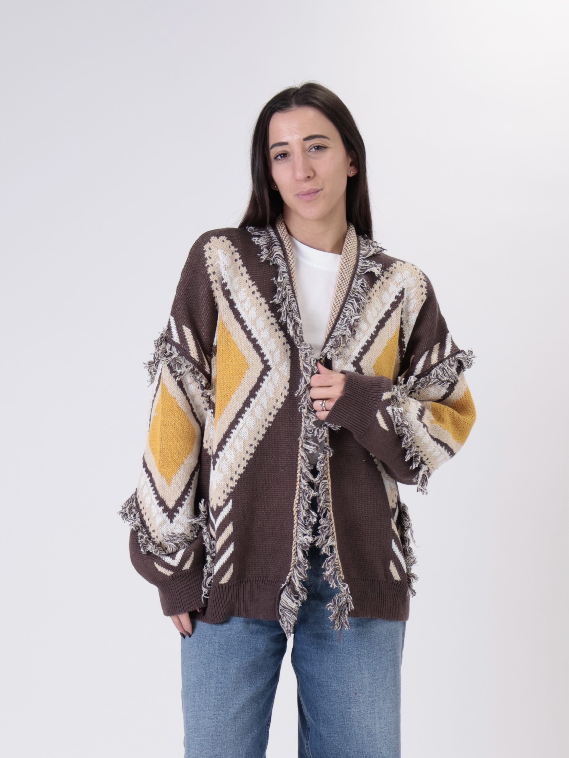 Cardigan fantasia rombi giallo/moro