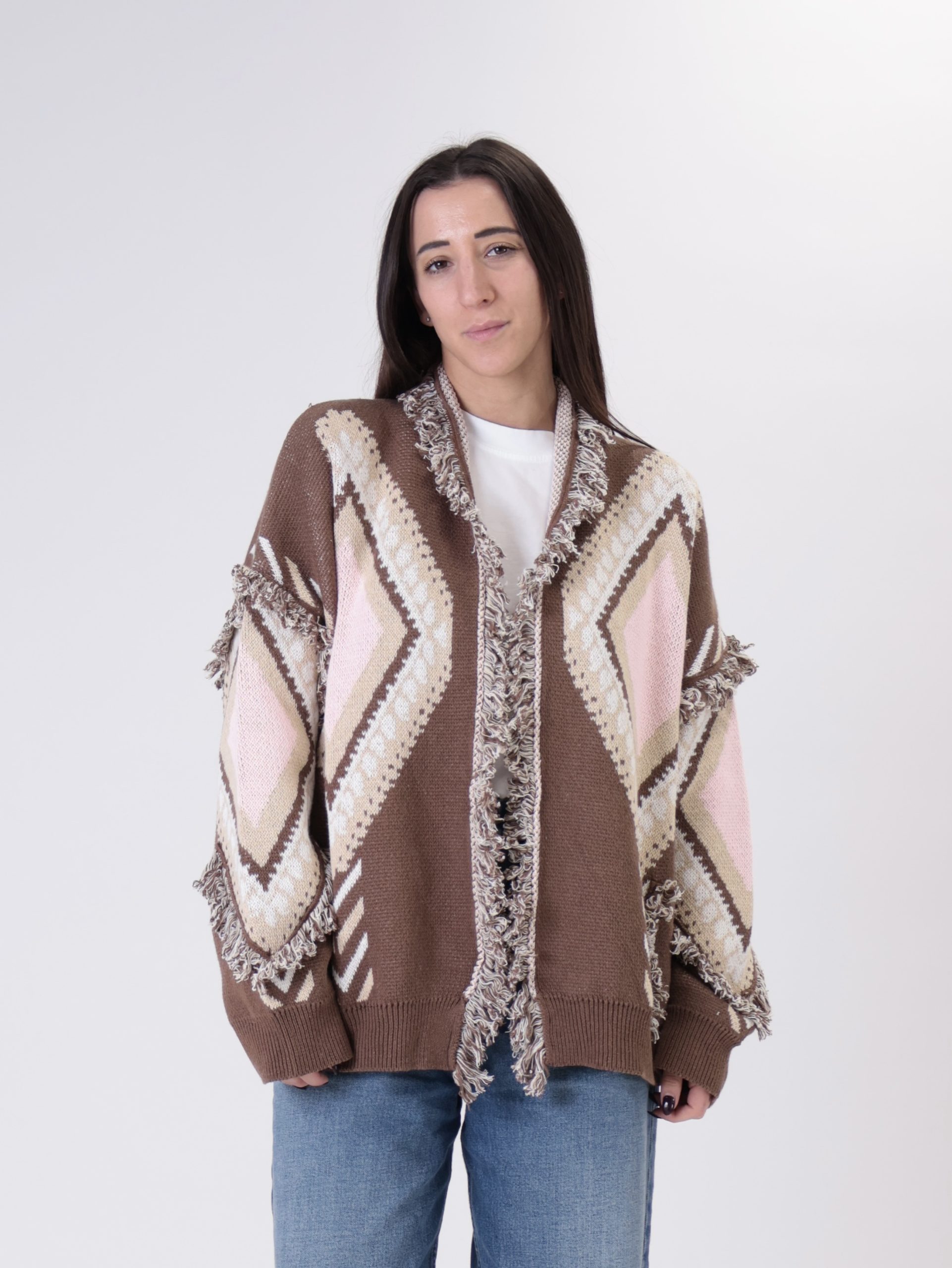 Cardigan fantasia rombi rosa/cammello