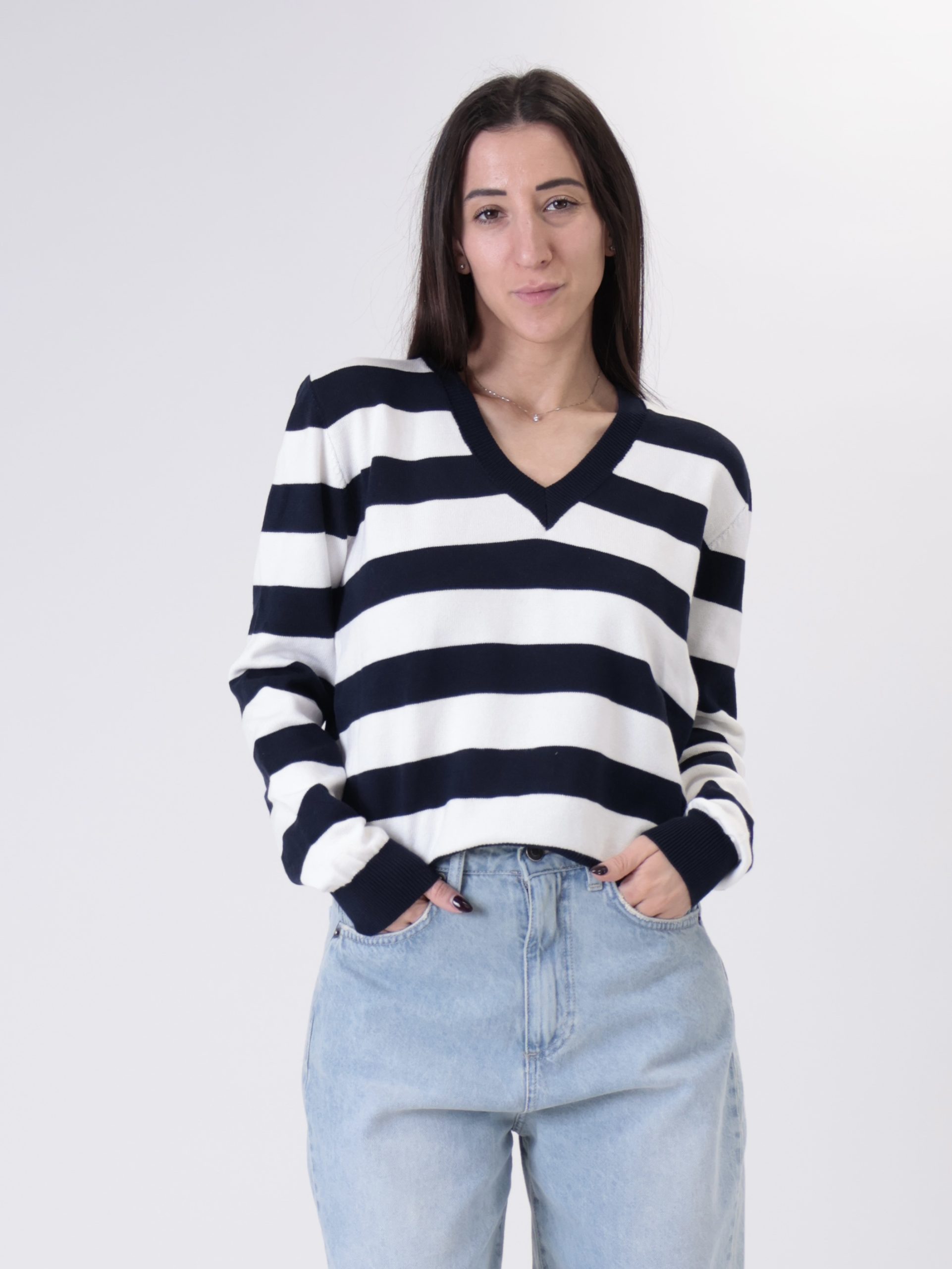 Pullover riga scollo V blu/bianco