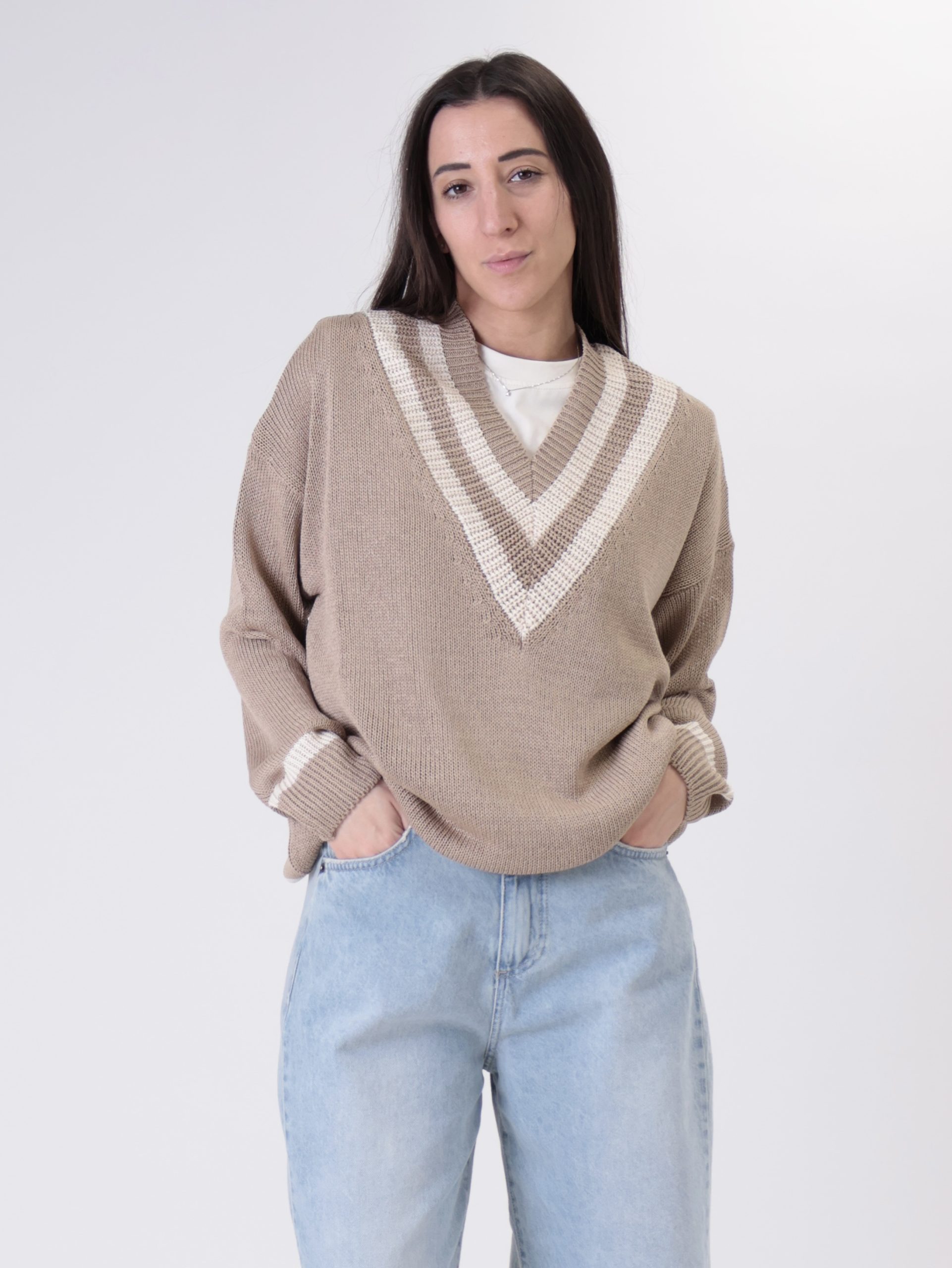 Maglia scollo V corda/burro