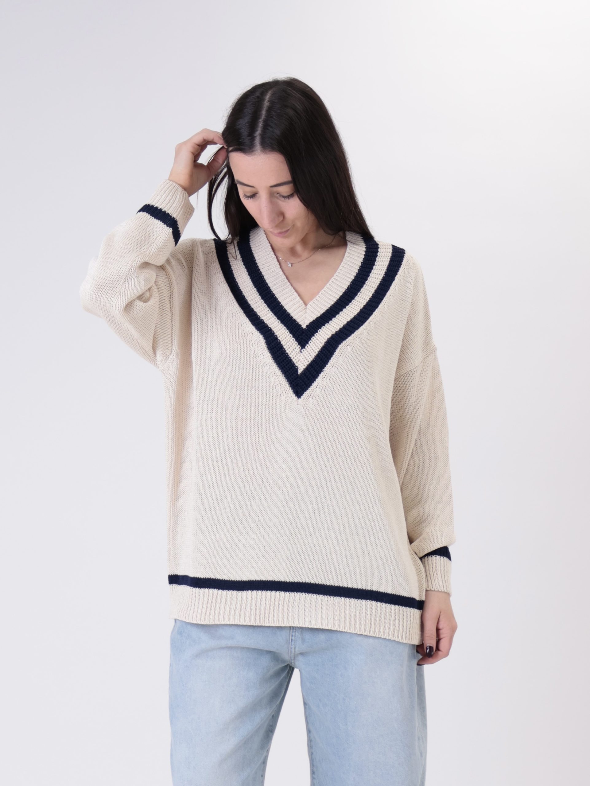 Maglia scollo V burro/blu