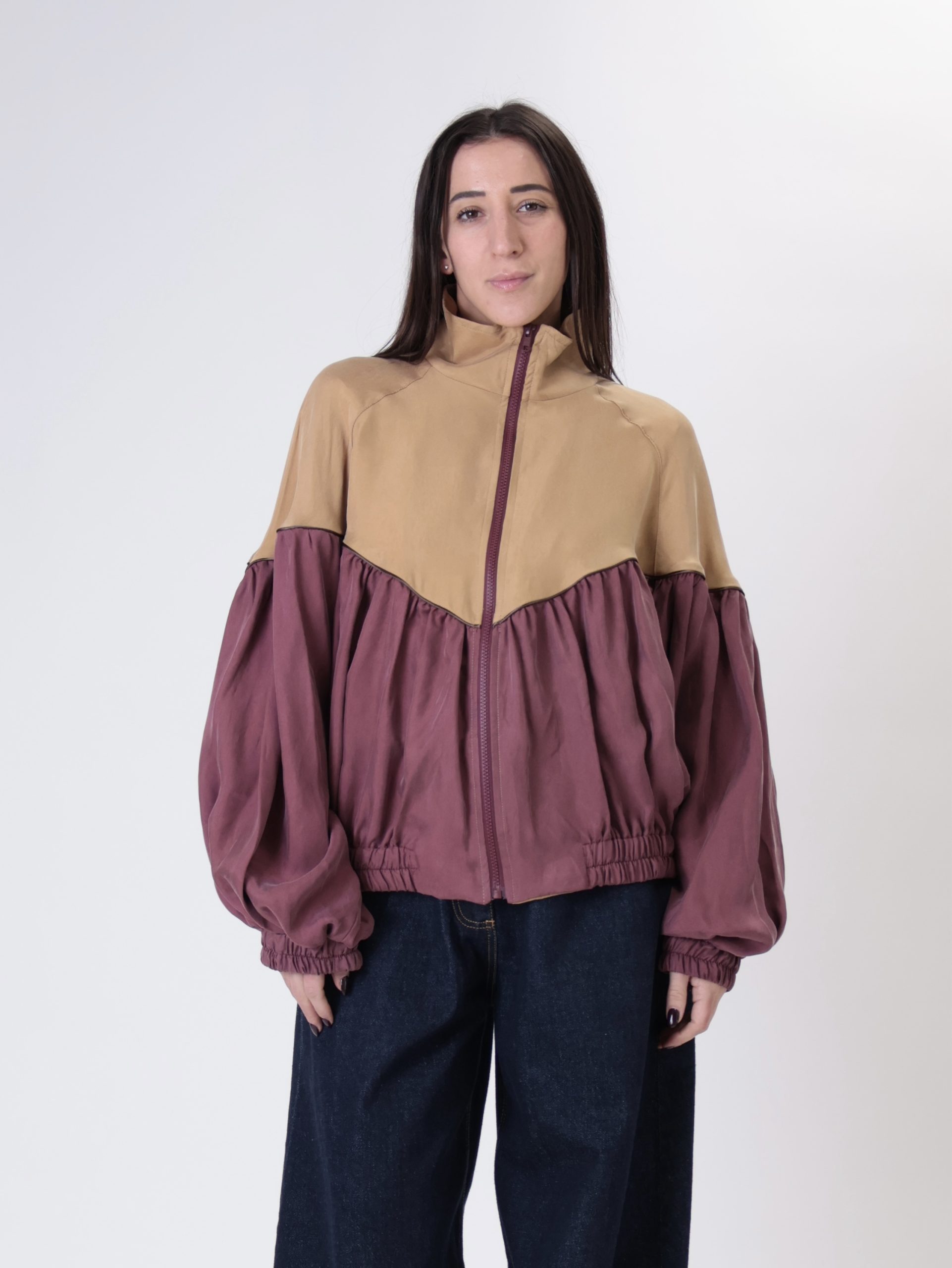 Giacca zip cupro senape/vino