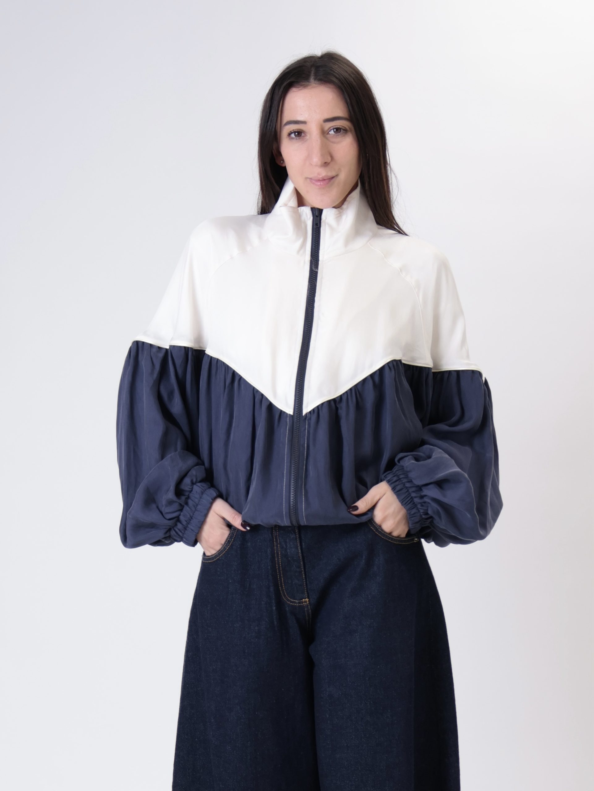 Giacca zip cupro panna/blu