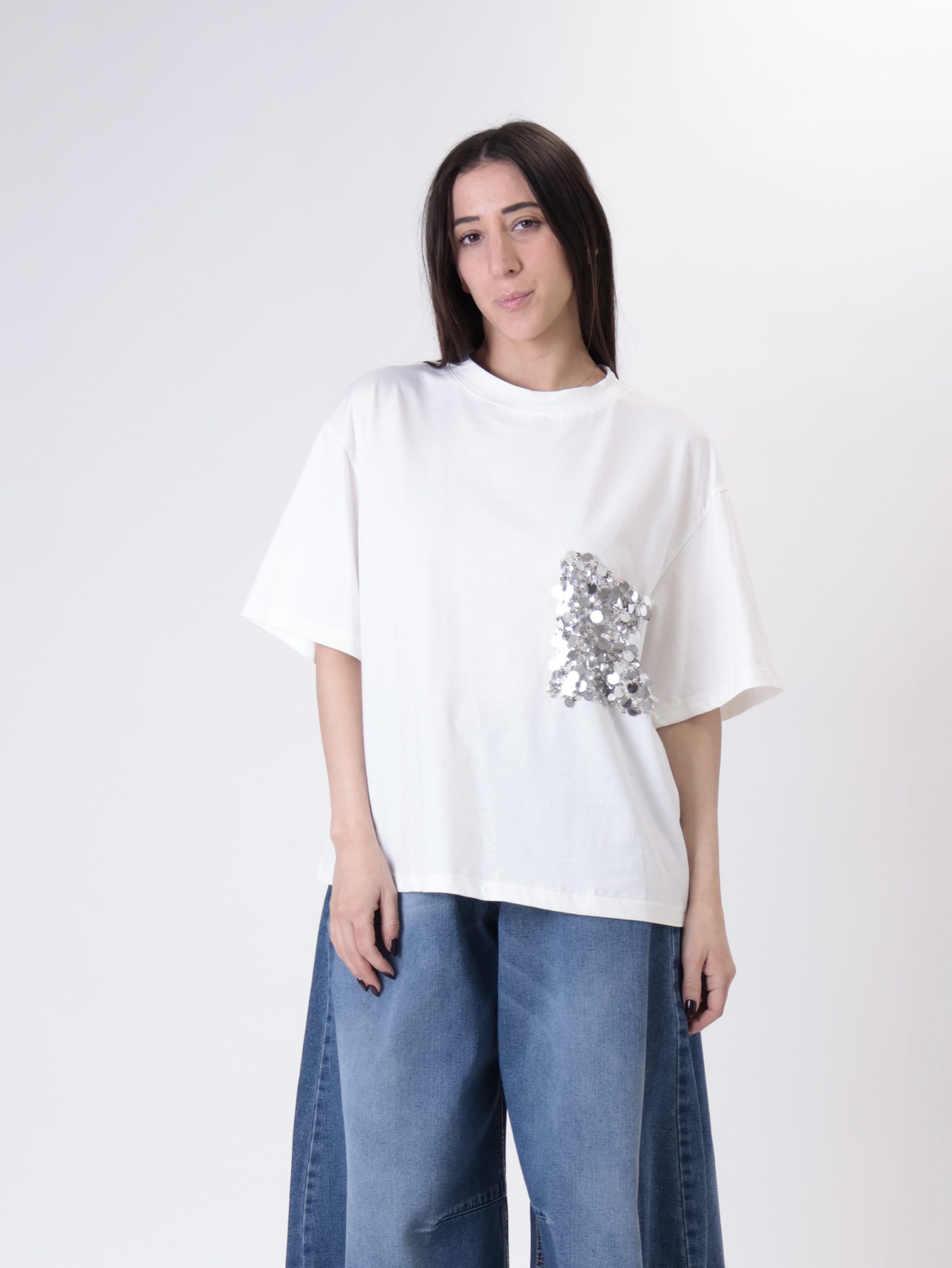 T-shirt tasca pailettes panna PREORDINE 23/03