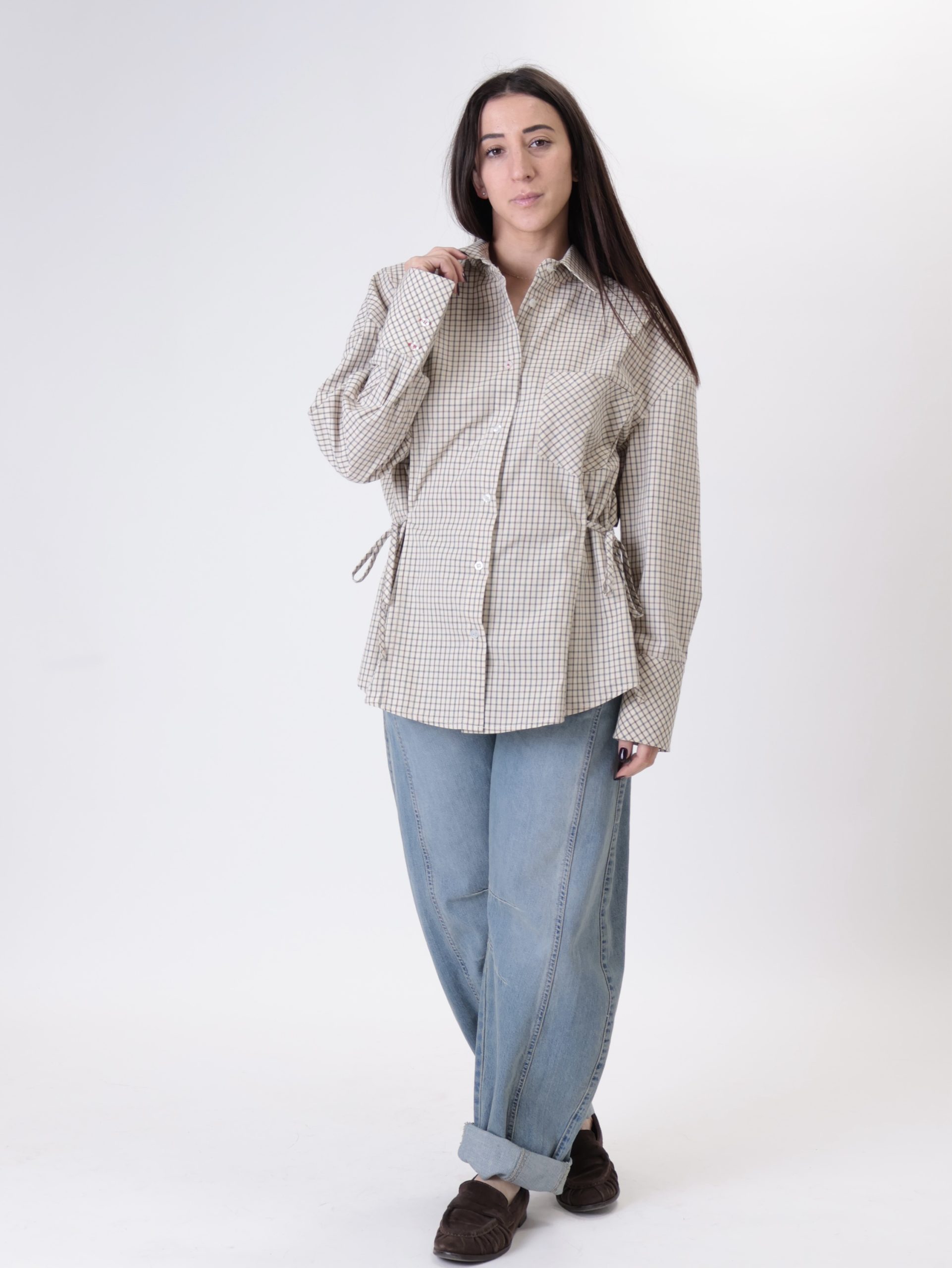 Camicia quadri lacci beige