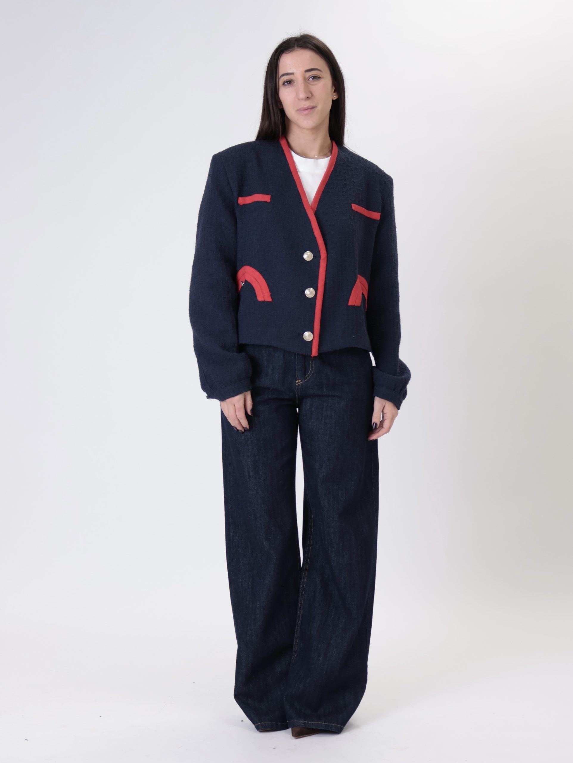 Giacca scollo V blu/rosso