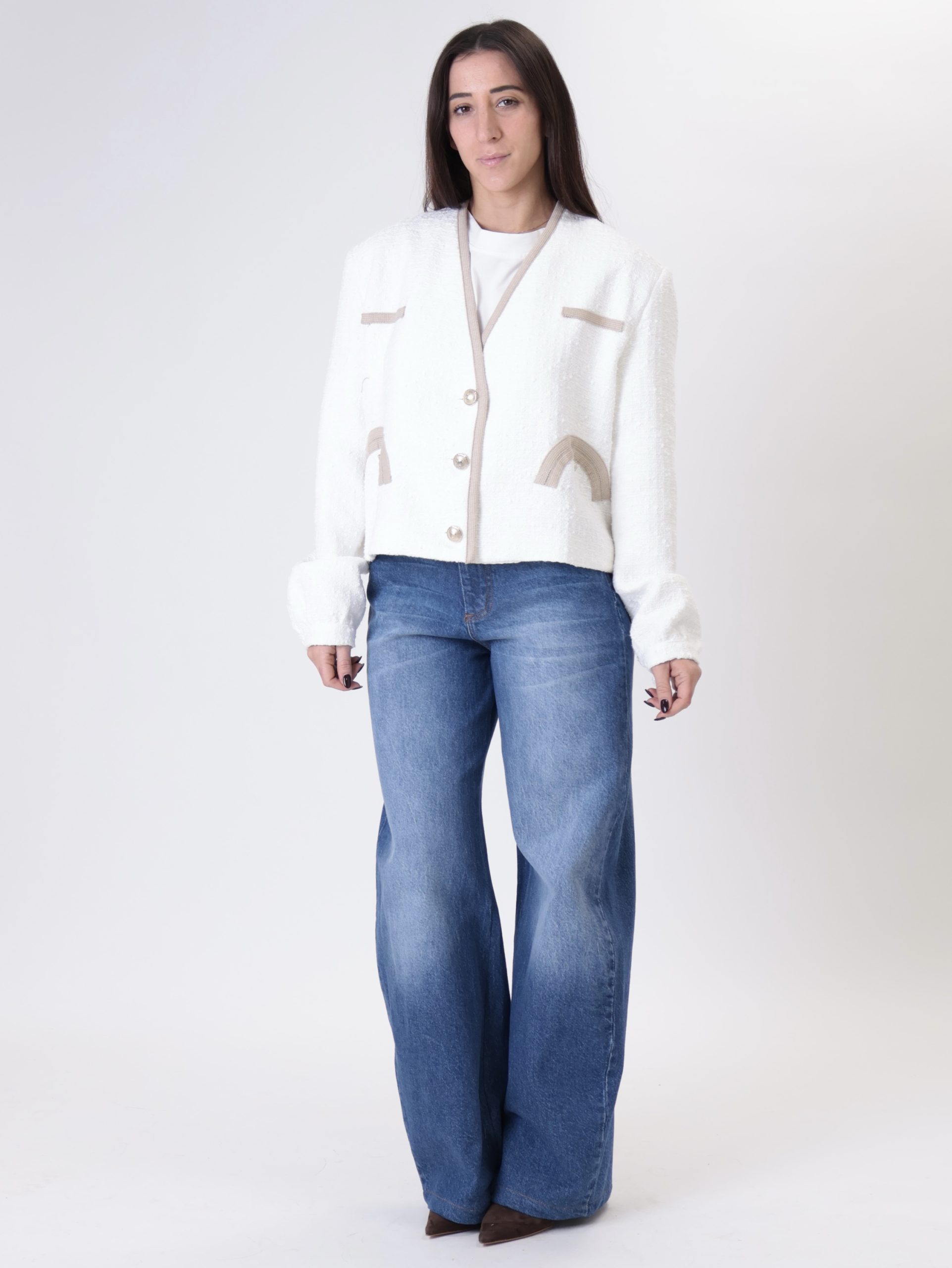 Giacca scollo V bianco/corda