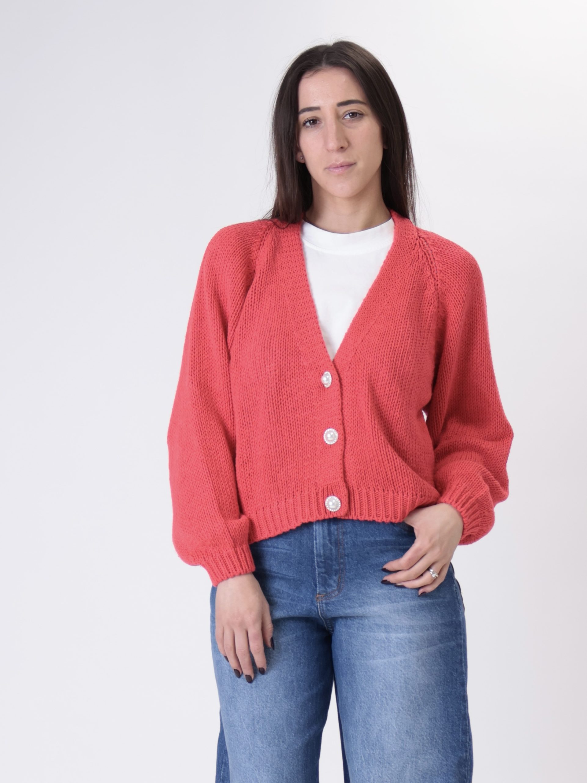 Cardigan bottoni gioiello rosso