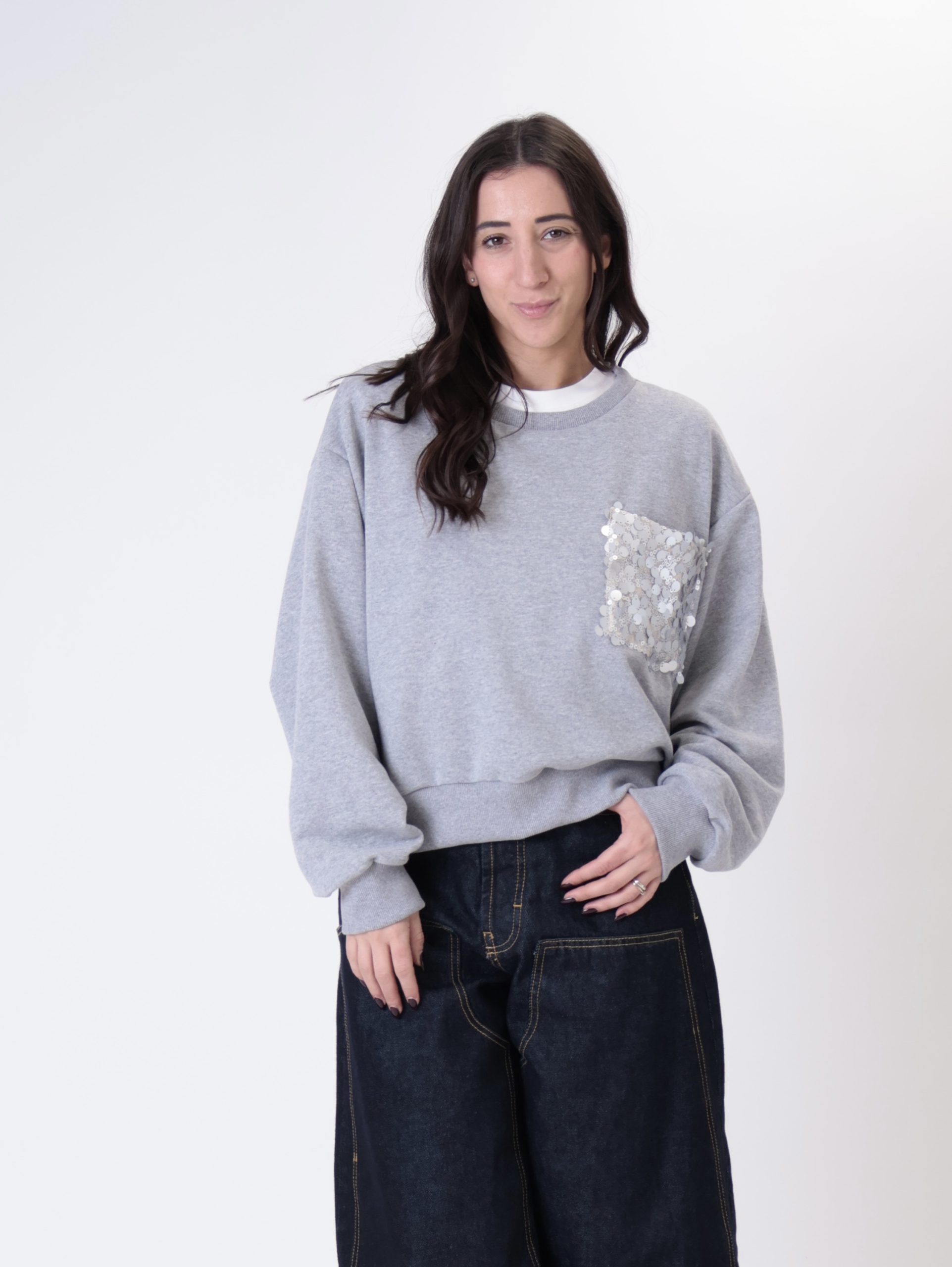 Felpa tasca paillettes grigio