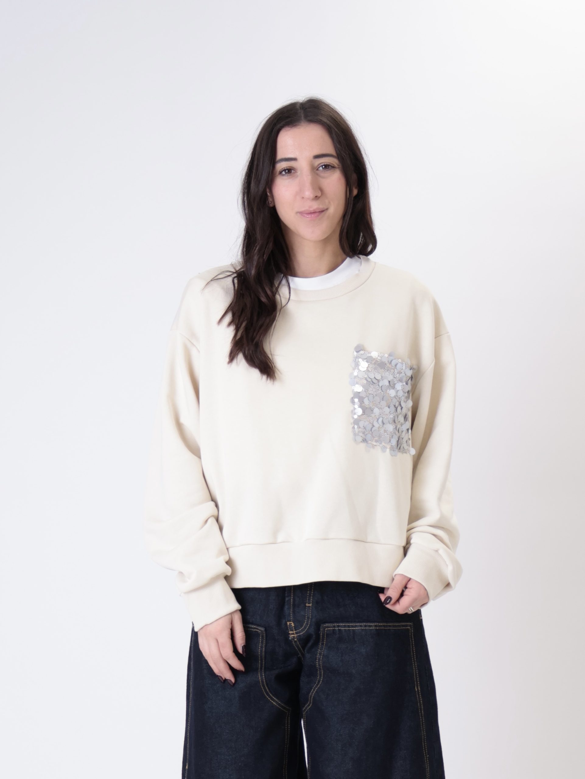 Felpa tasca paillettes burro