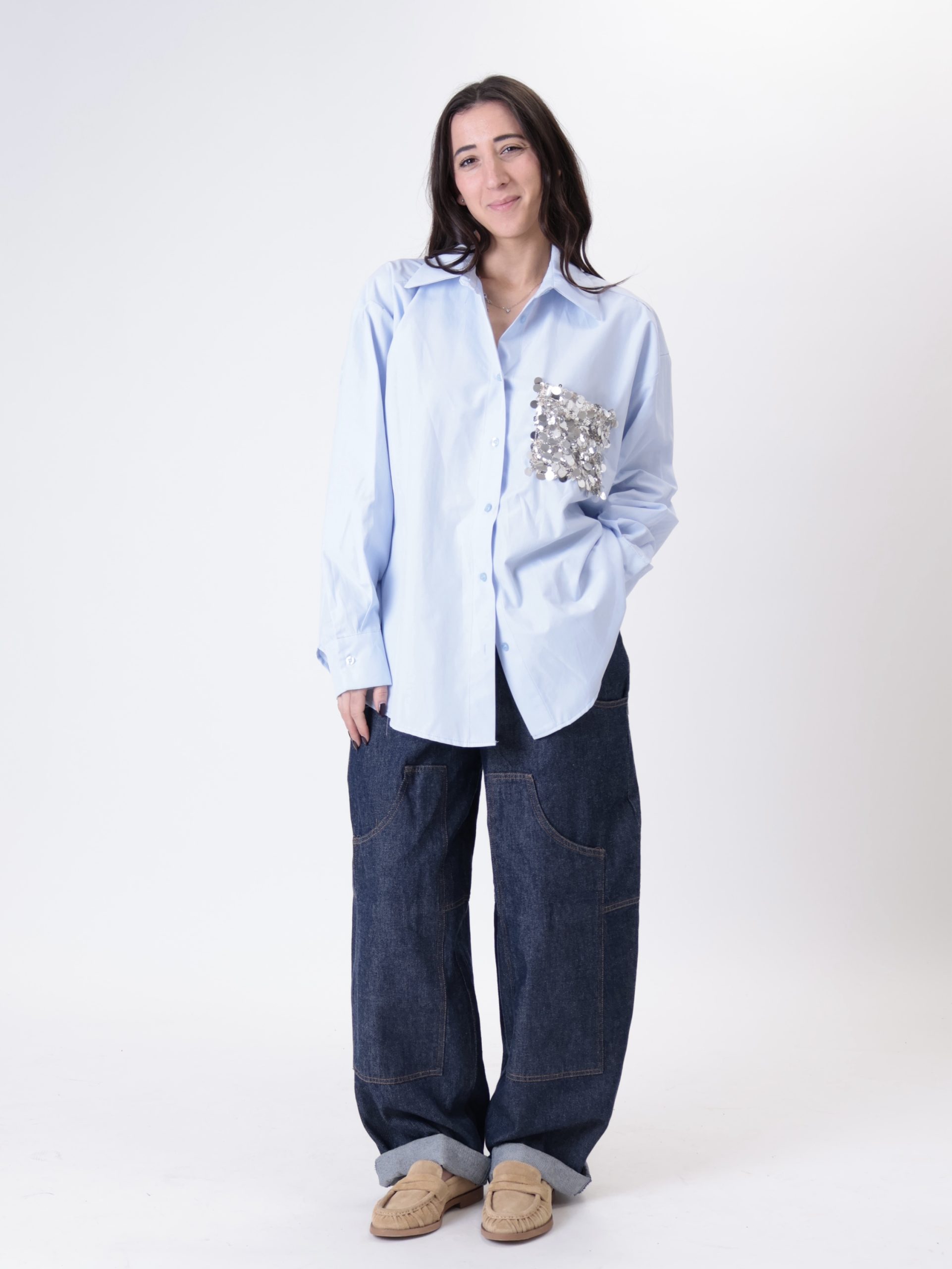 Camicia tasca paillettes celeste PREORDINE 23/03