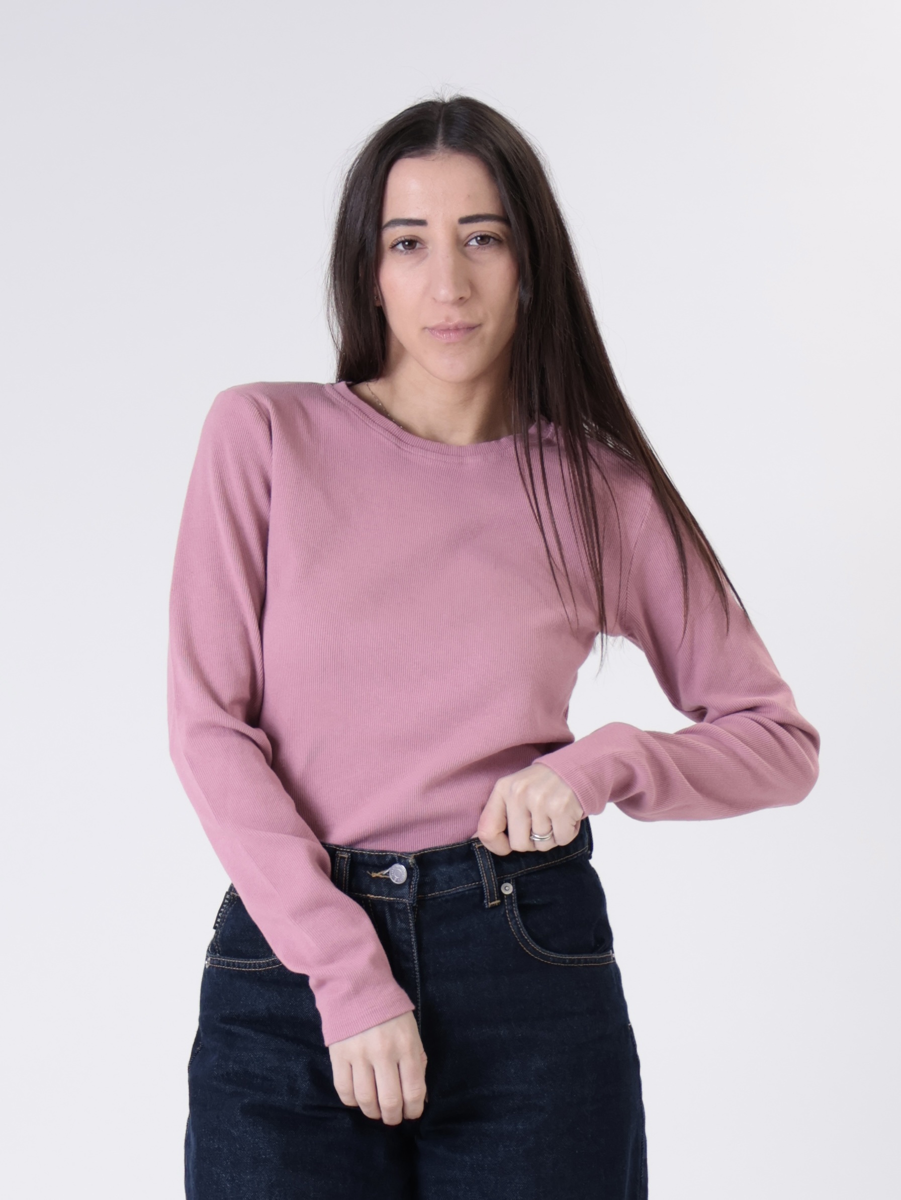 Maglia girocollo costina m/lunga rosa