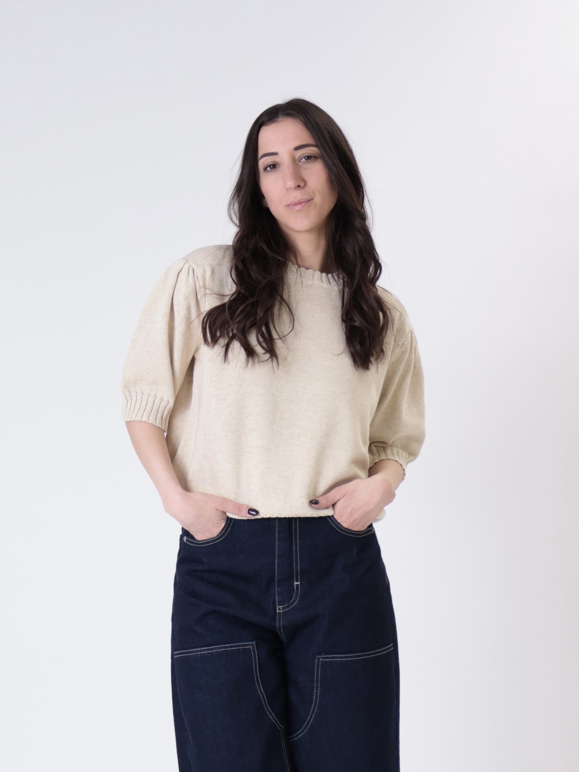 Pullover mezza manica sbuffo beige