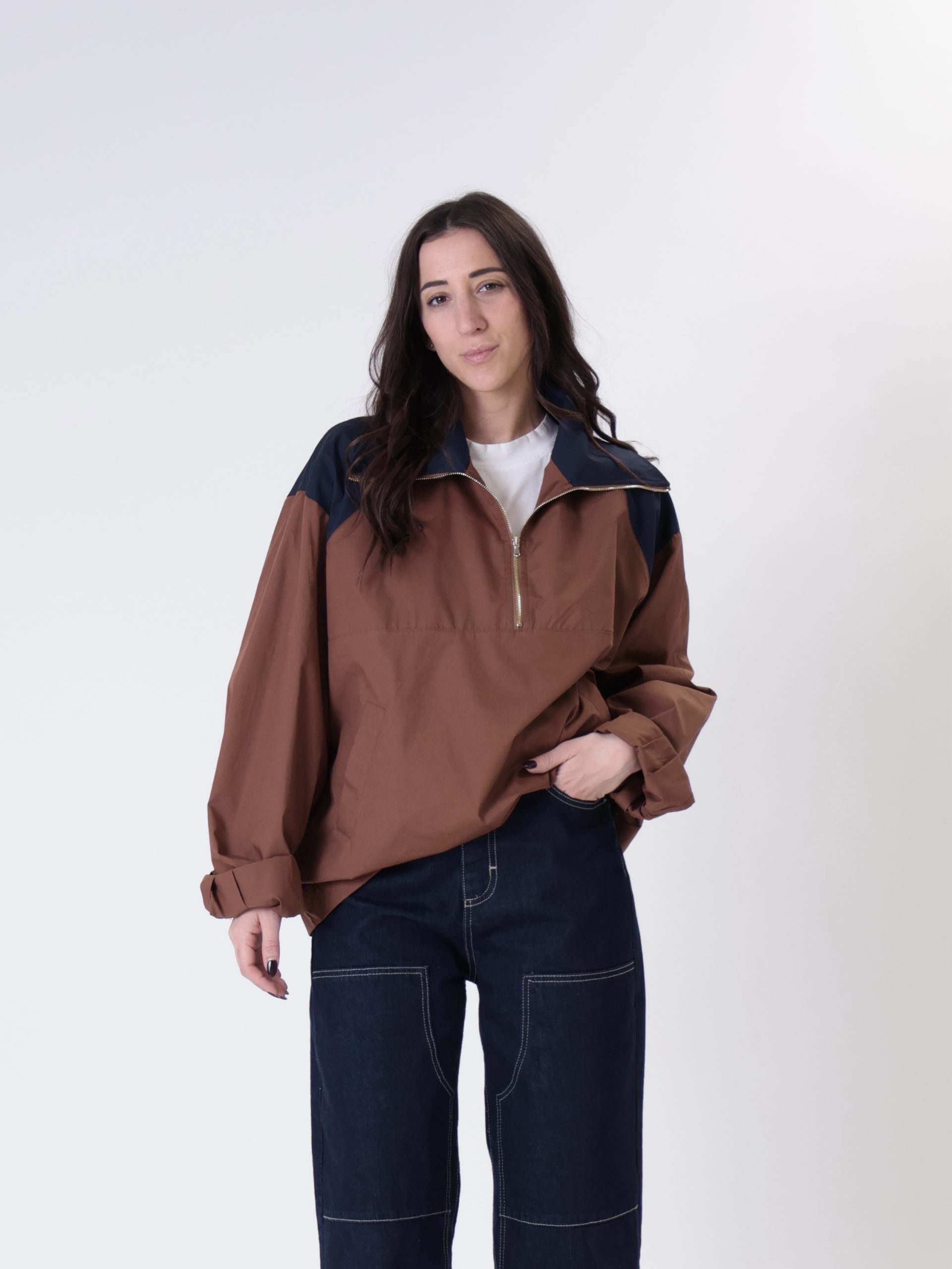 Giacca mezza zip tabacco/blu