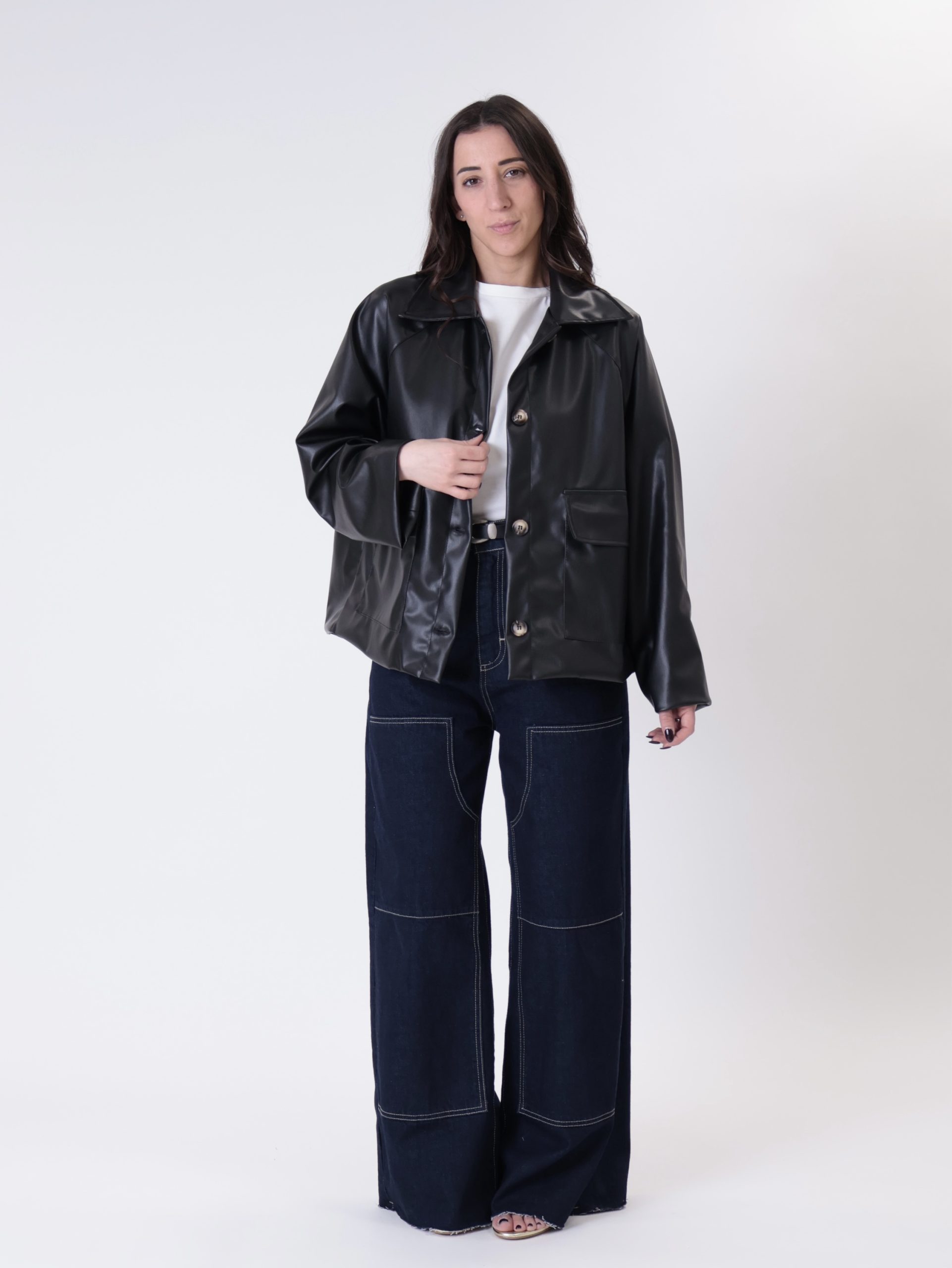 Giacca ecopelle bottoni nero