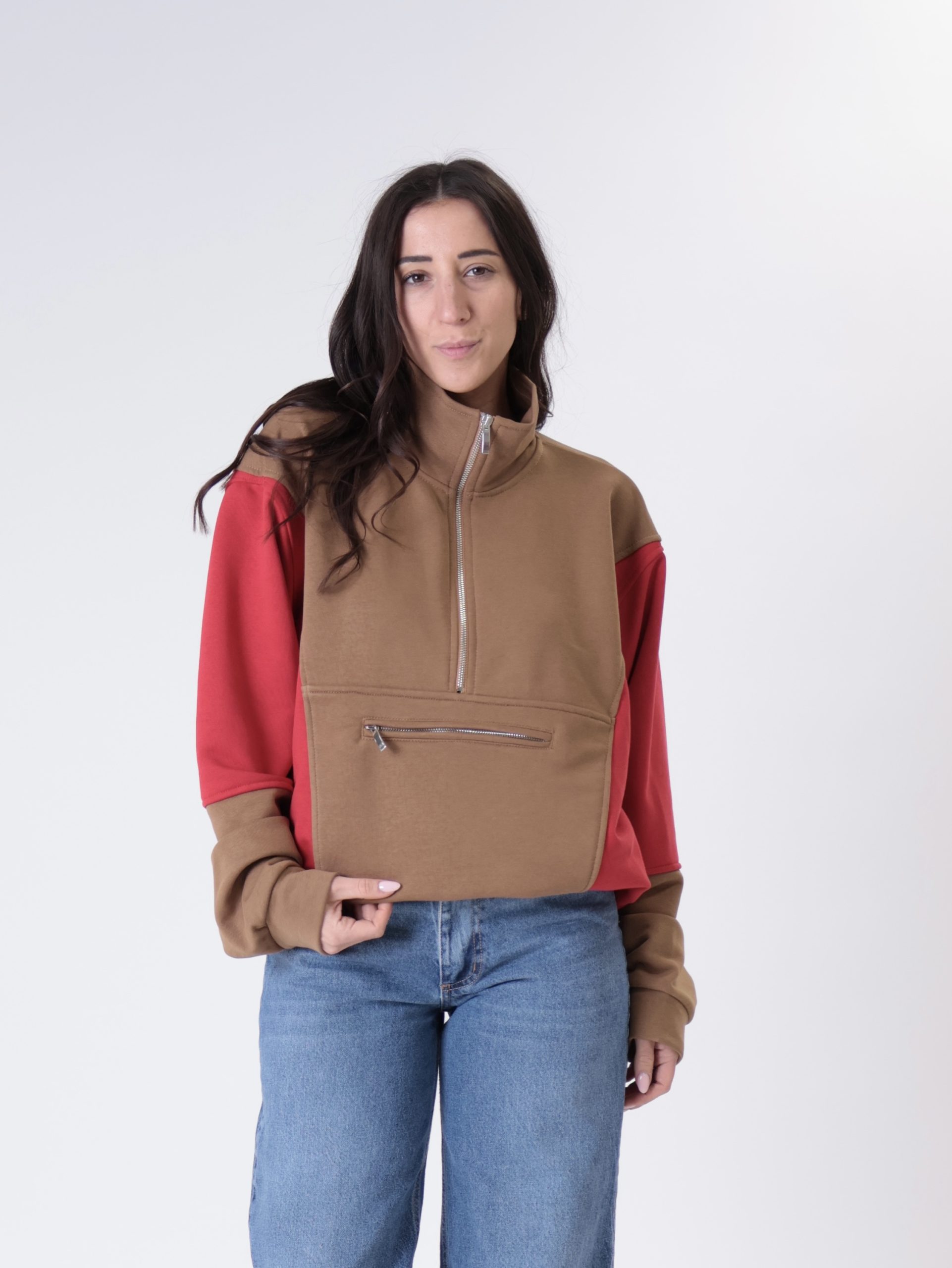 Felpa zip tabacco/rosso