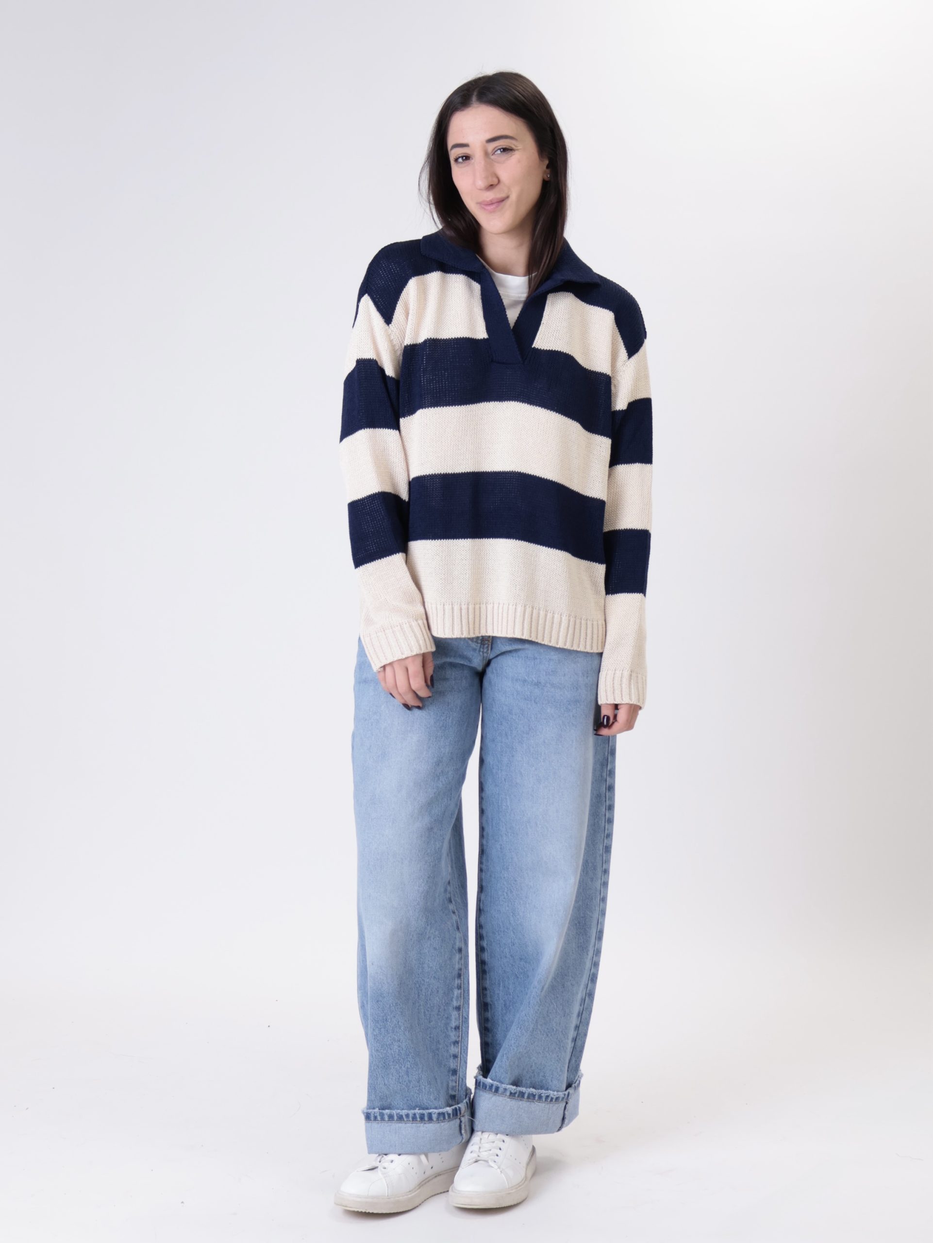 Polo in maglia riga burro/blu