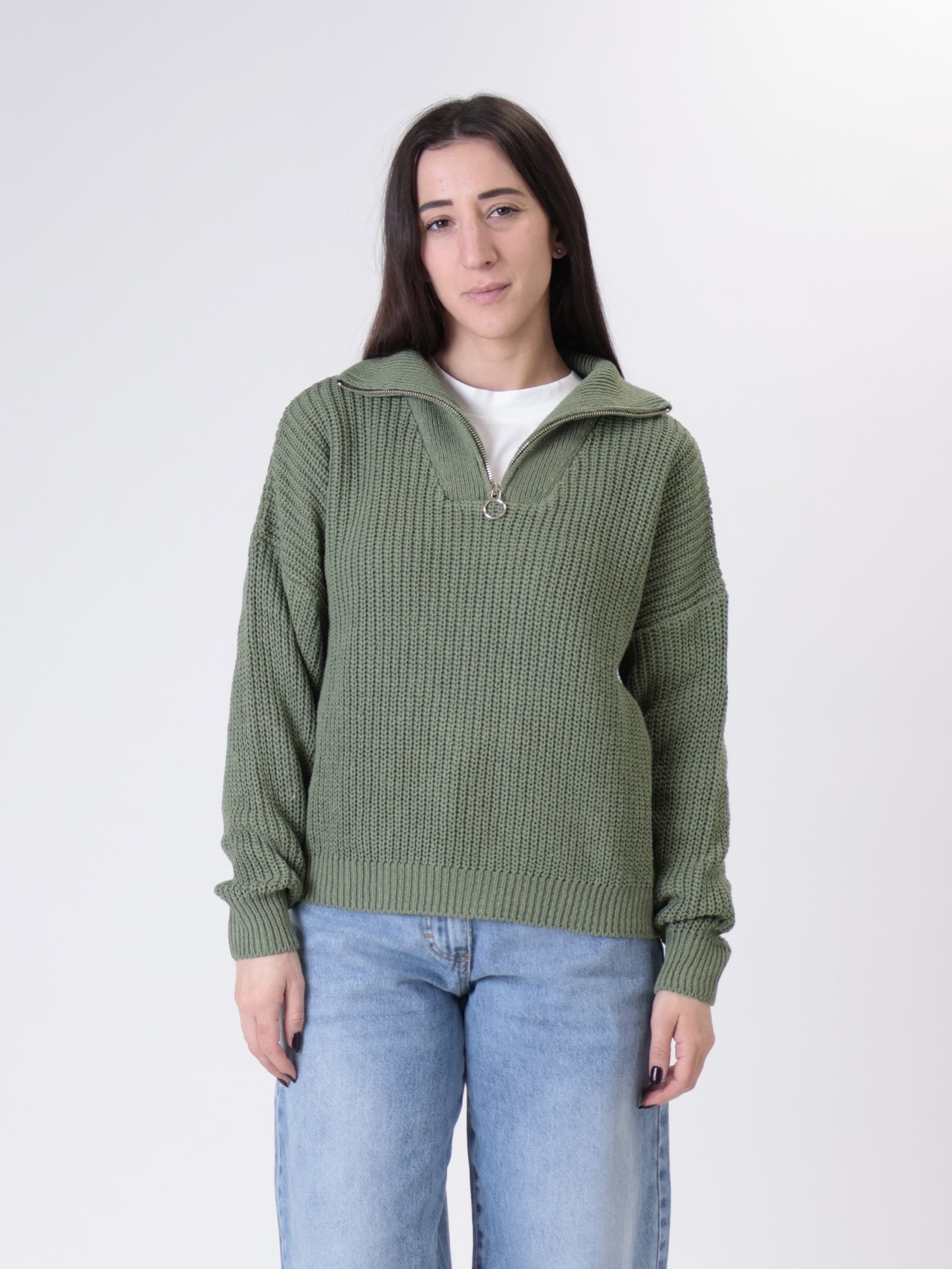 Pullover mezza zip in maglia salvia