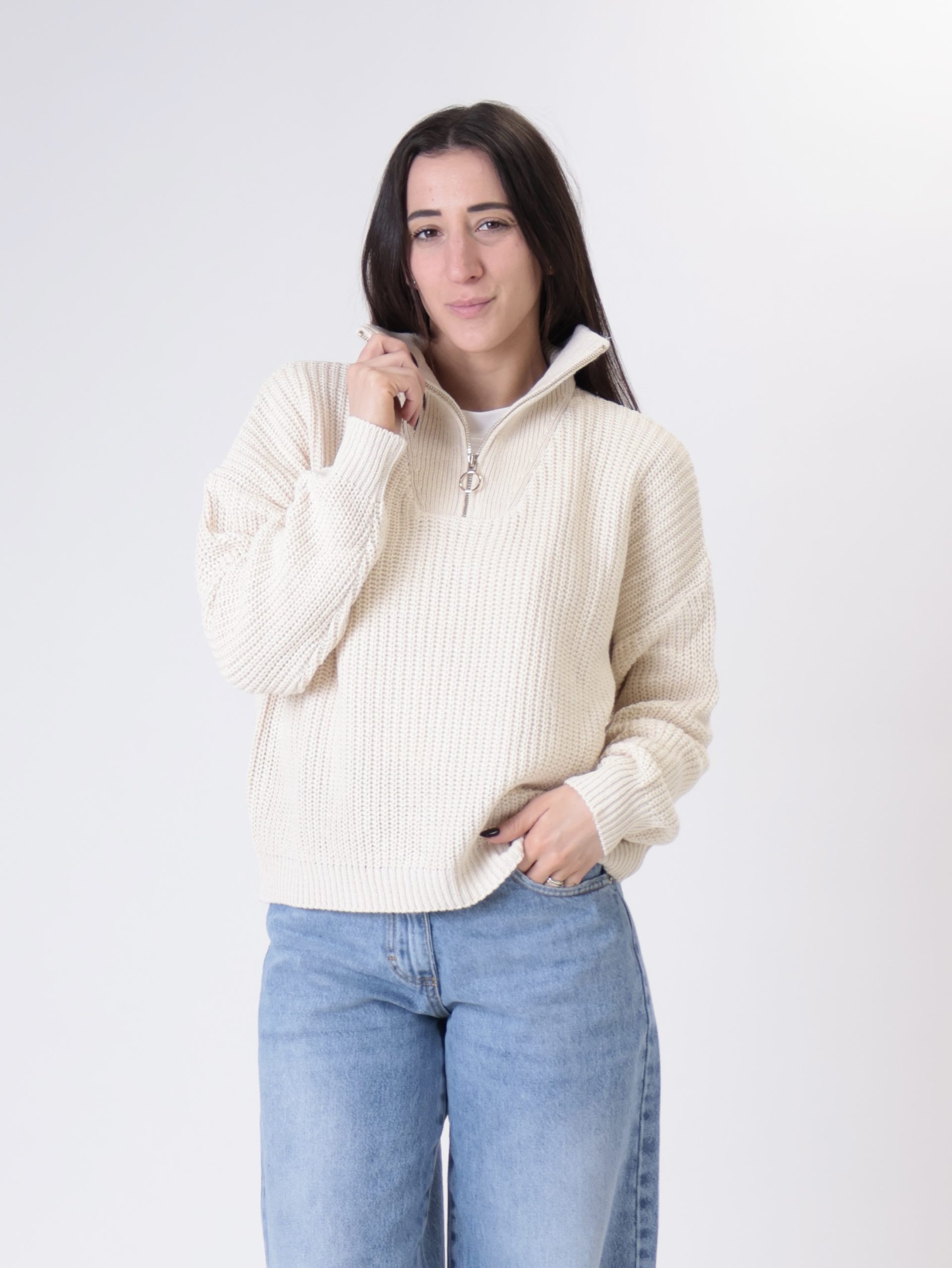 Pullover mezza zip in maglia latte