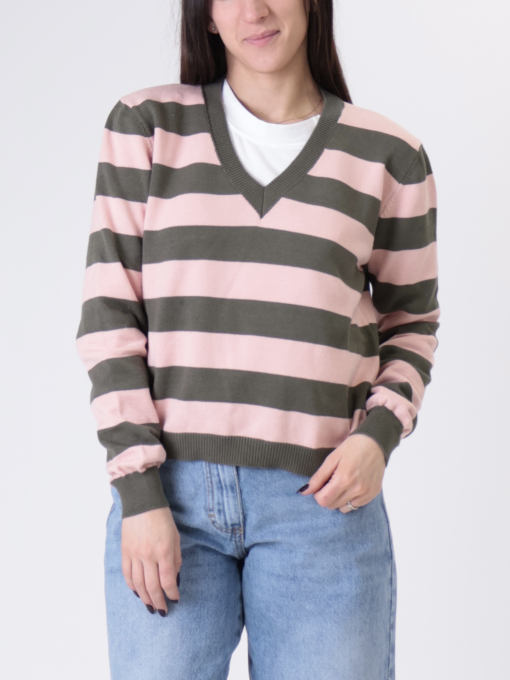 Pullover riga scollo V militare/rosa