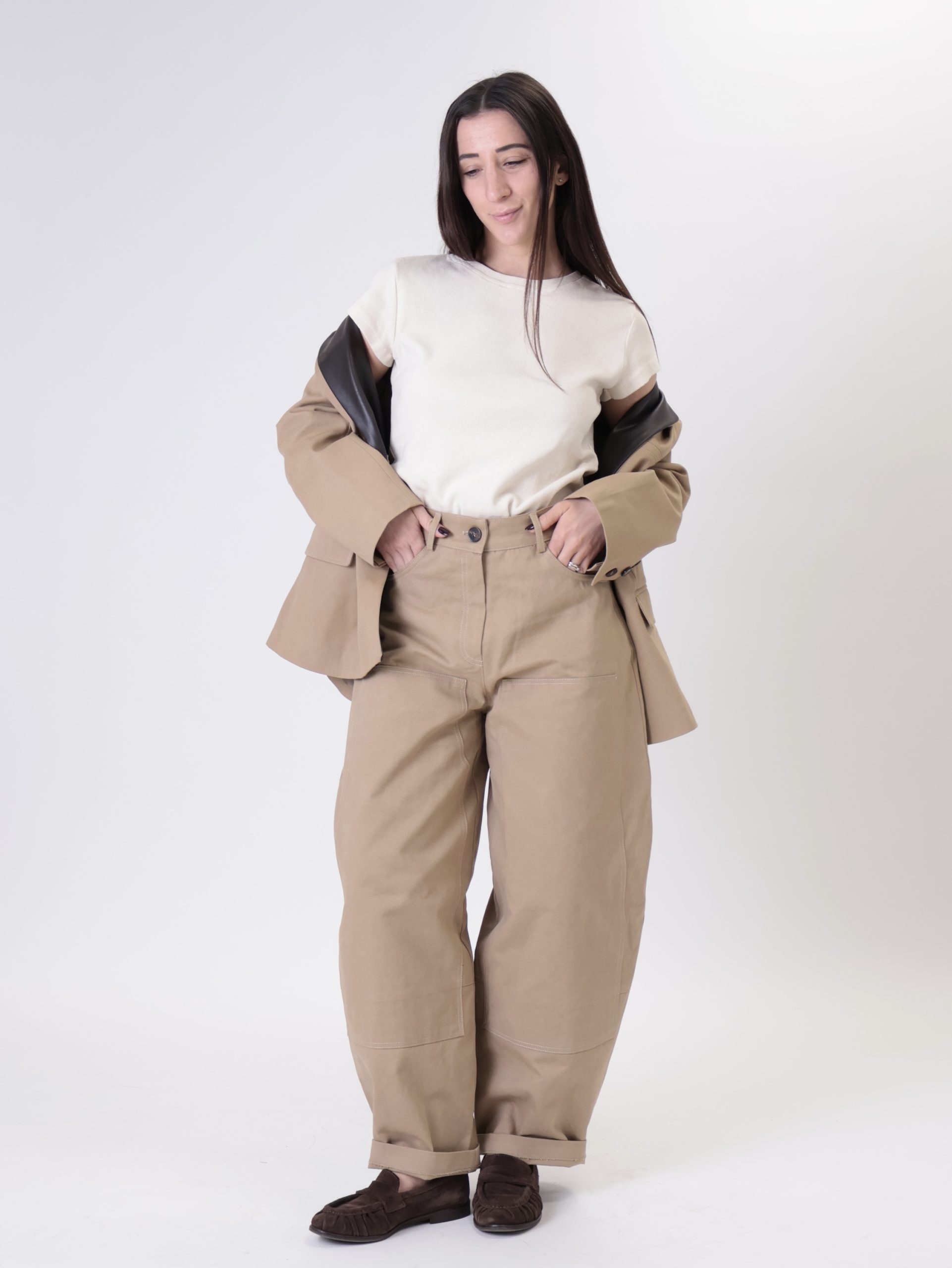 Pantalone bottega tasche ecopelle beige