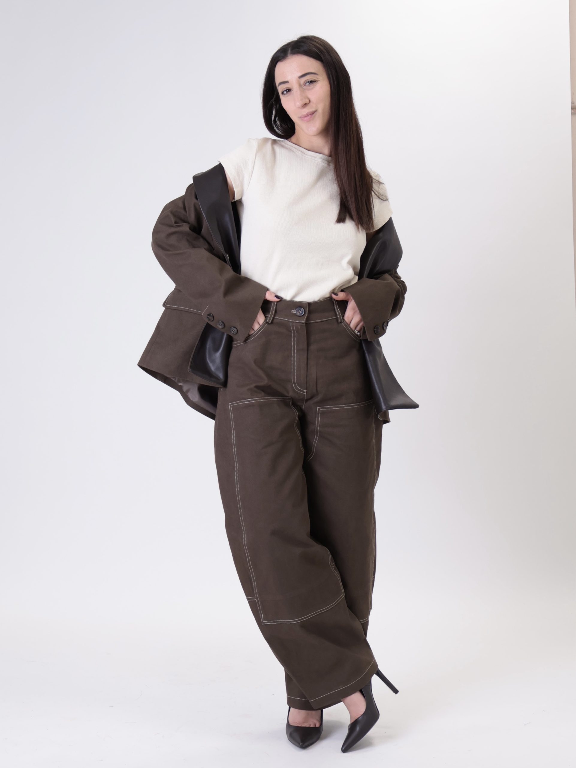 Pantalone bottega tasche ecopelle moro