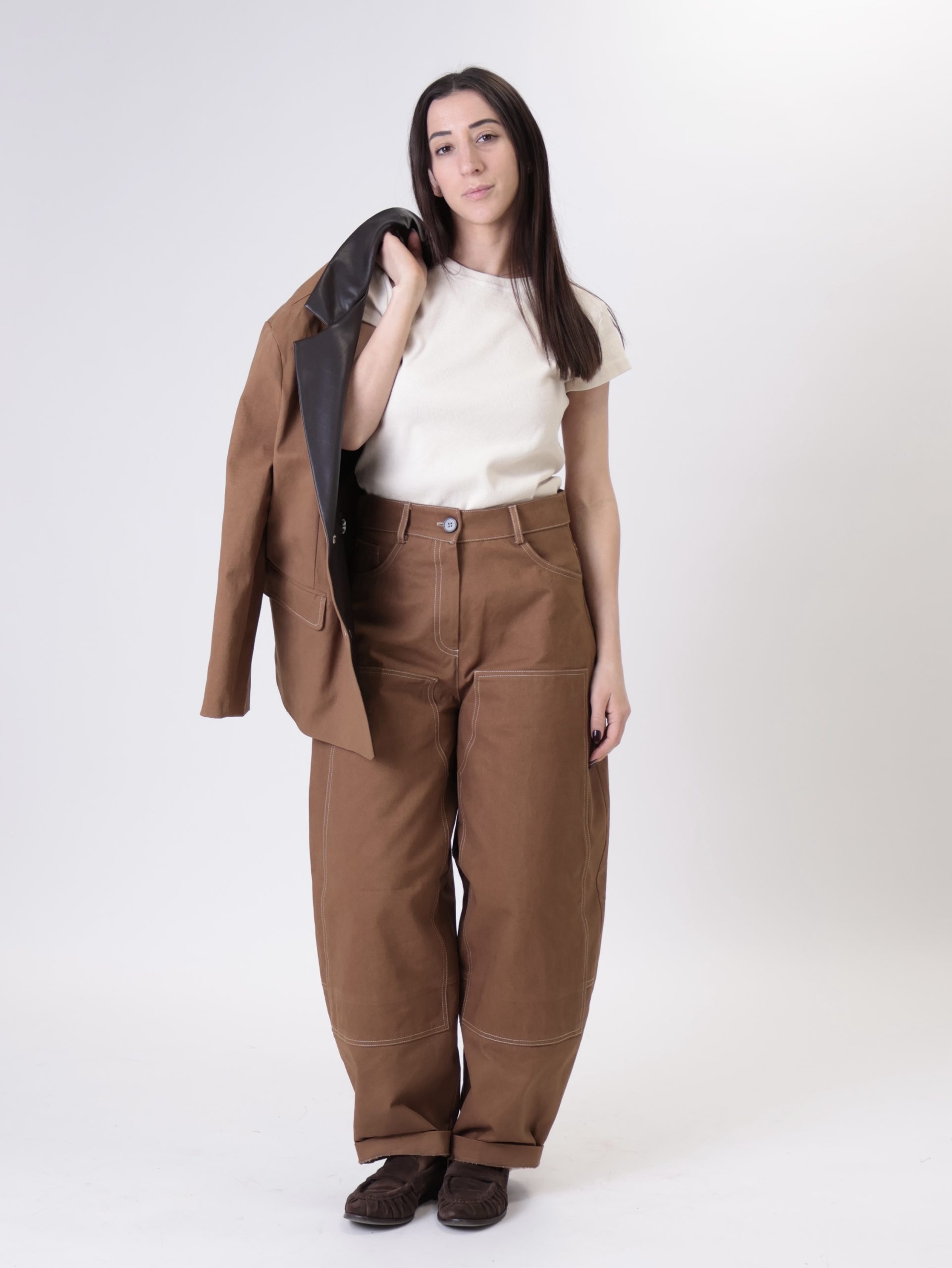 Pantalone bottega tasche ecopelle tabacco