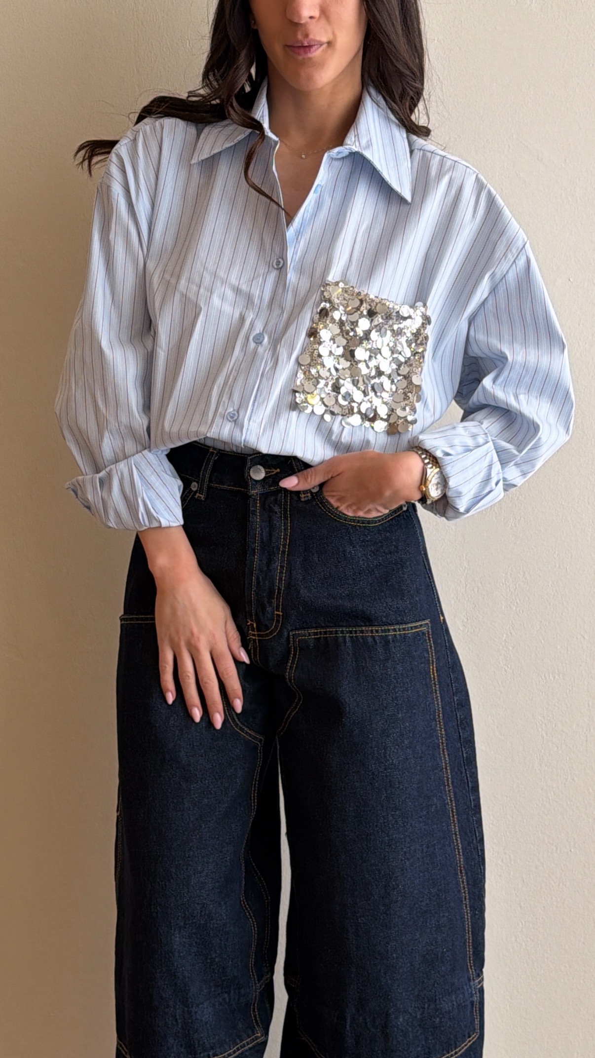 Camicia riga tasca paillettes celeste PREORDINE 10/04