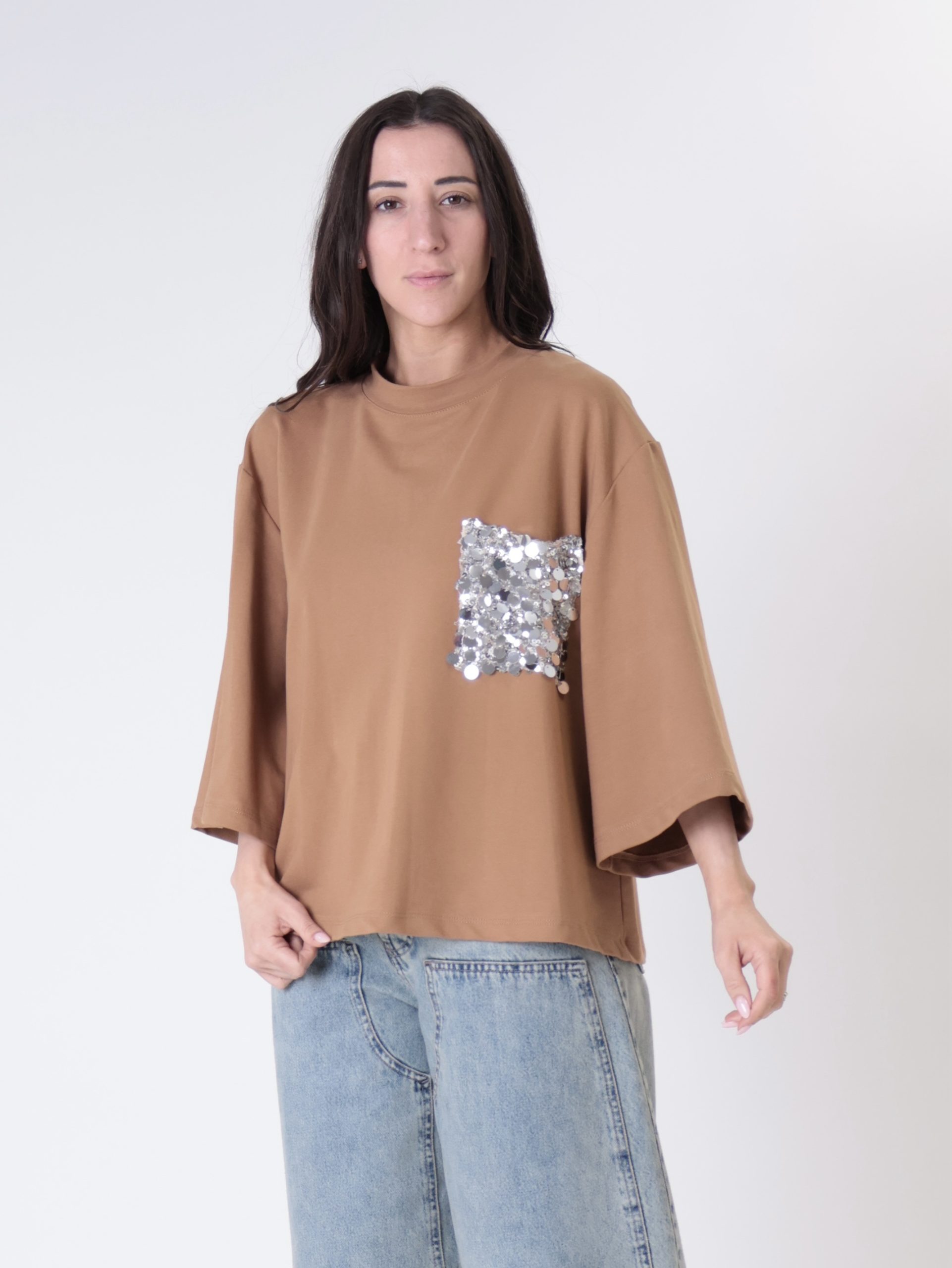 Felpa Ary tasca paillettes cammello