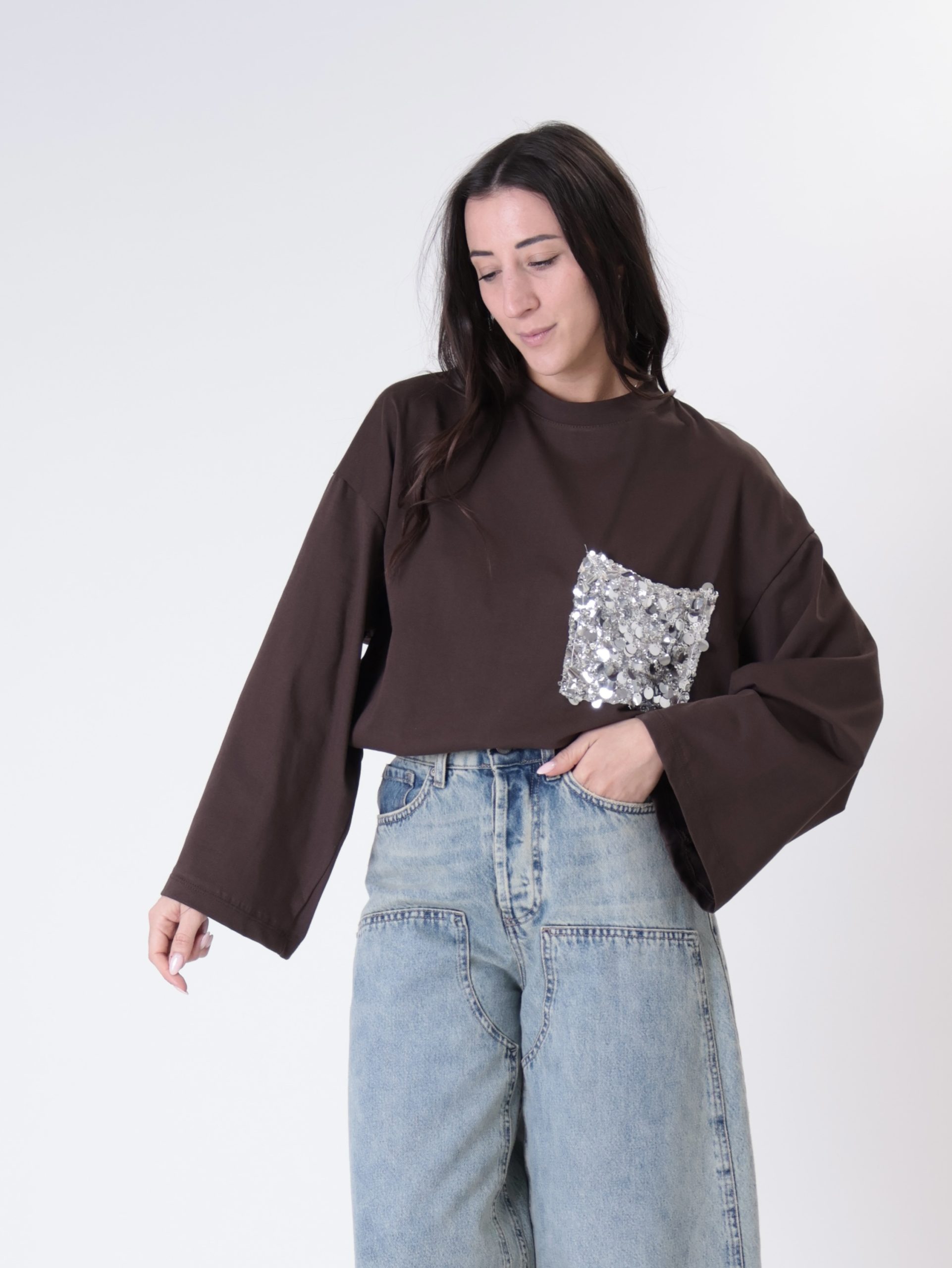 T-shirt m/lunga tasca paillettes moro