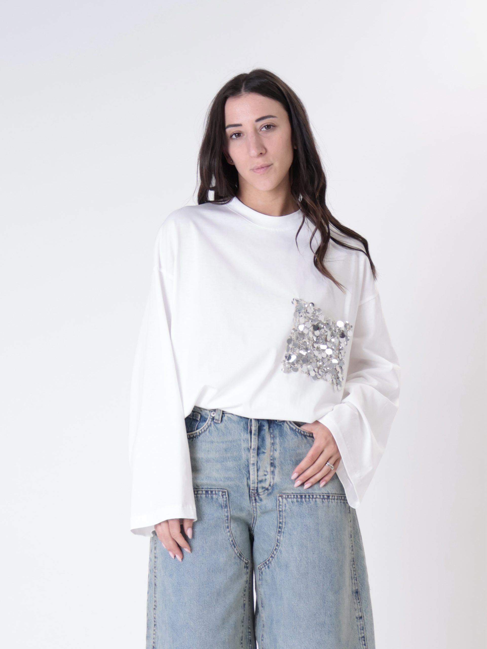 T-shirt m/lunga tasca paillettes panna