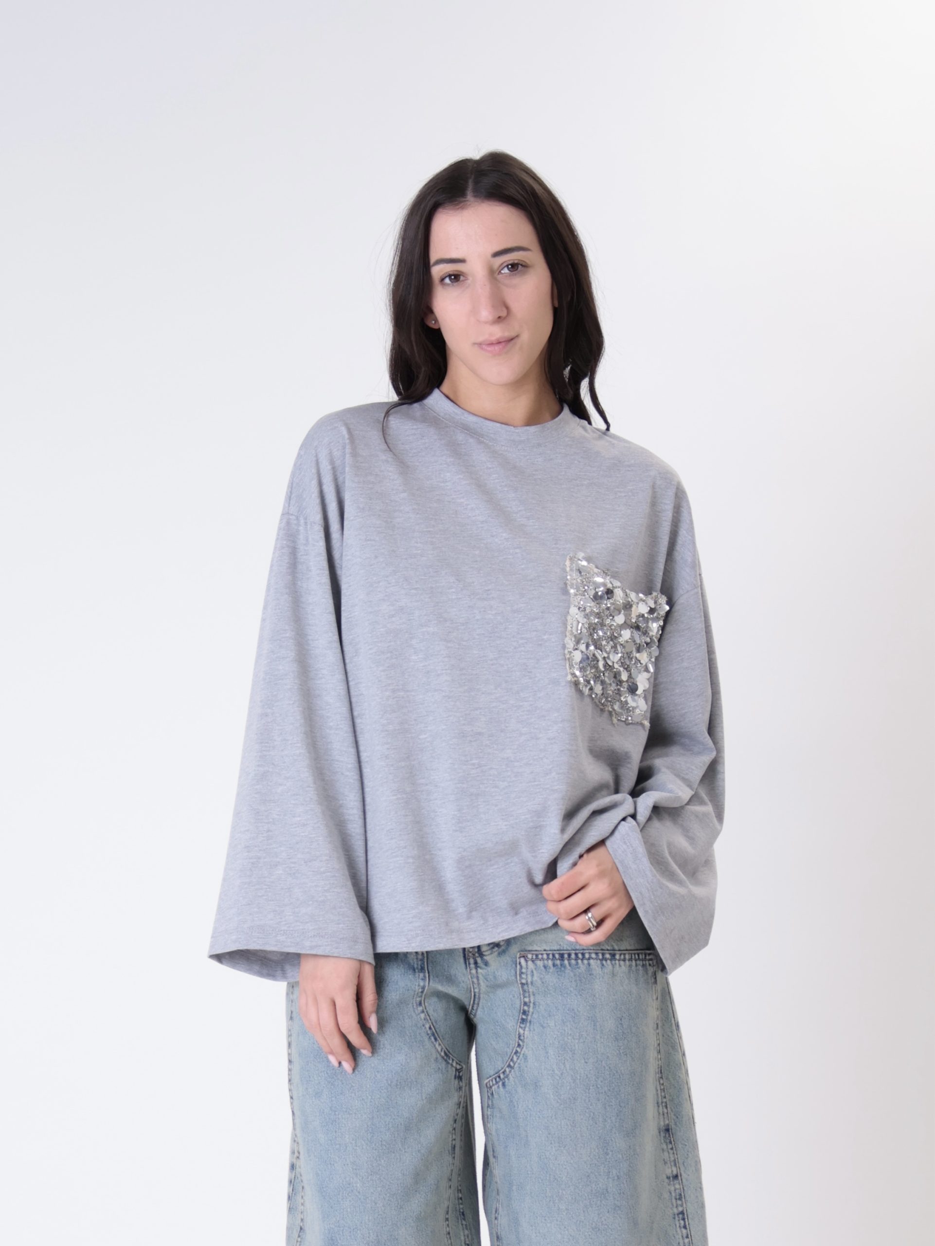 T-shirt m/lunga tasca paillettes grigio melange