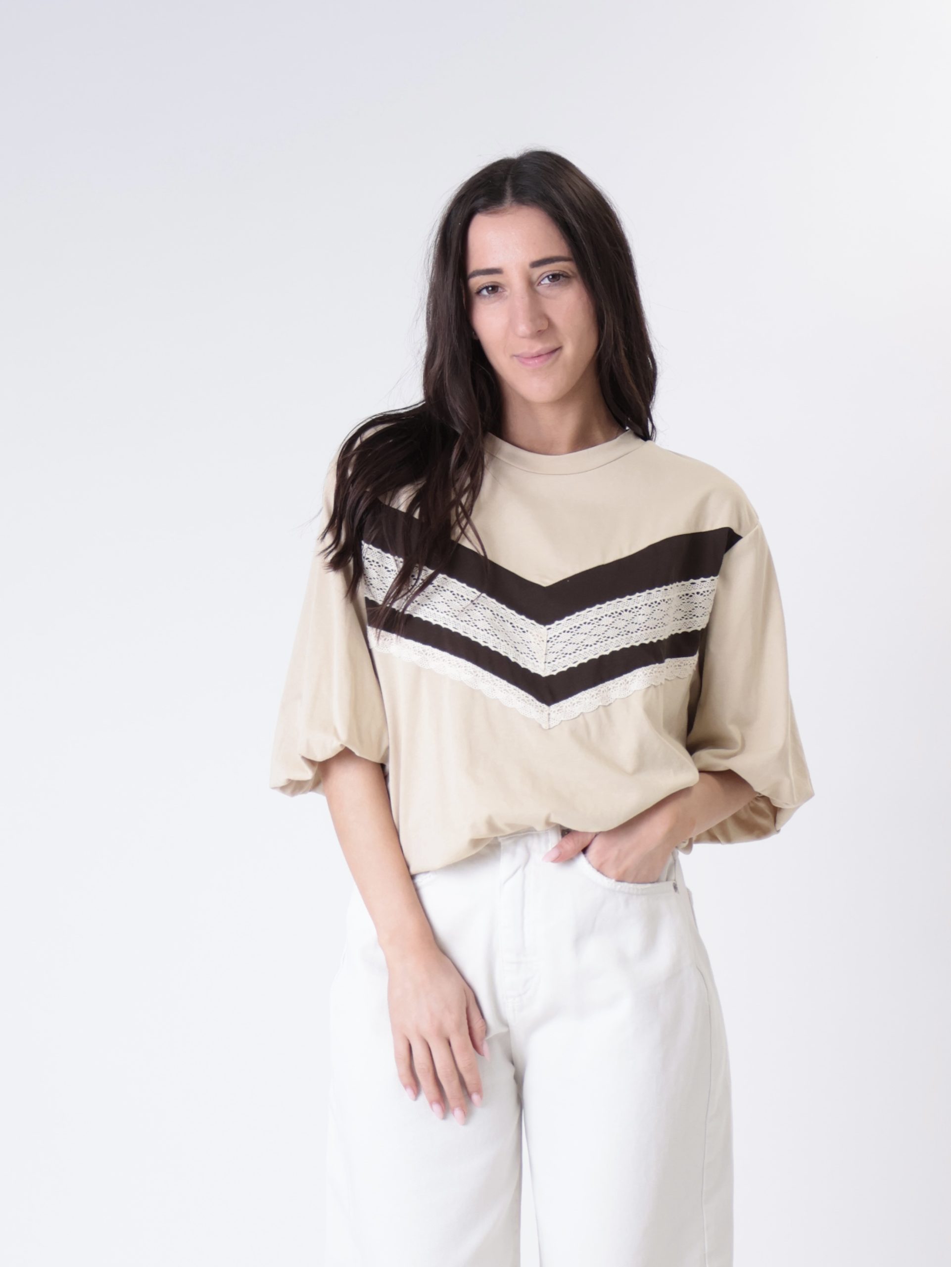 T-shirt balloon pizzo beige/moro