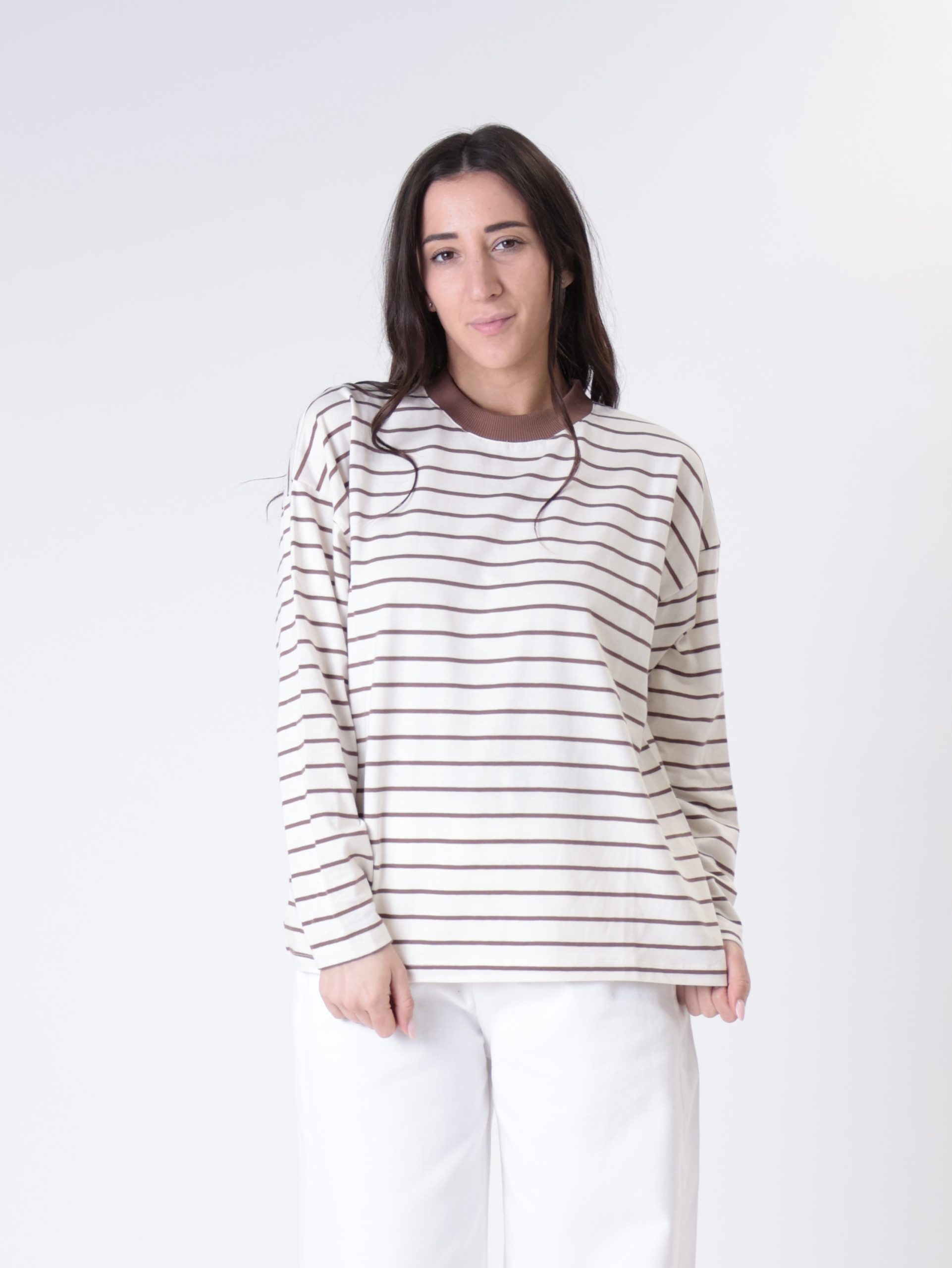 T-shirt m/lunga colletto riga burro/tabacco