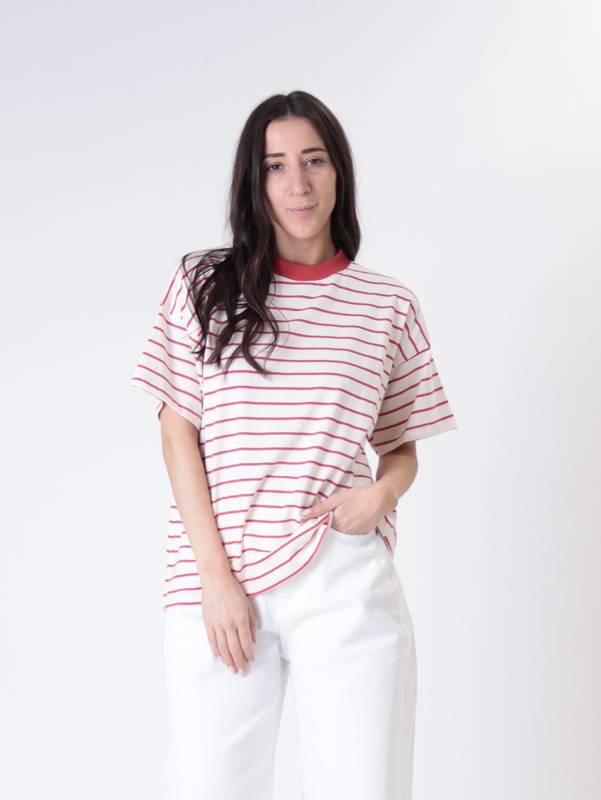 T-shirt m/corta colletto riga burro/rosso