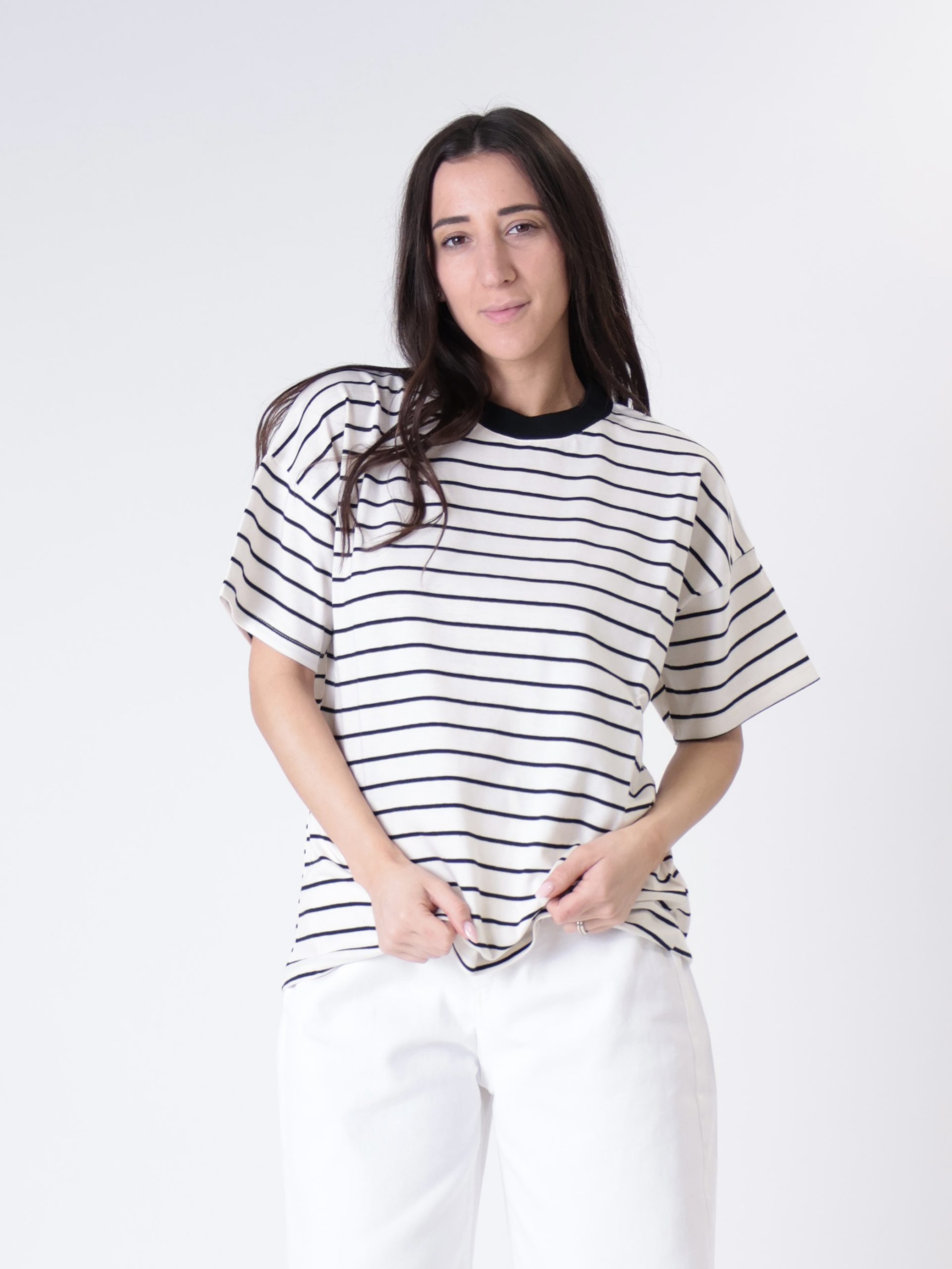 T-shirt m/corta colletto riga burro/blu