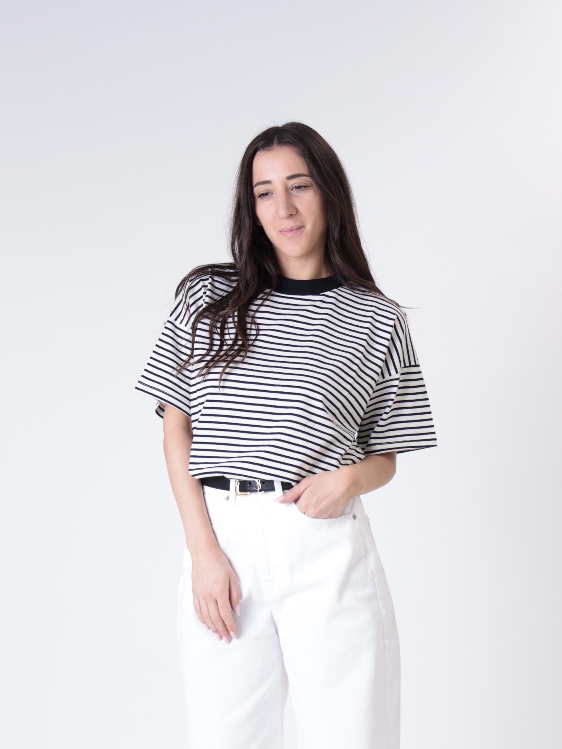 T-shirt colletto riga burro/nero