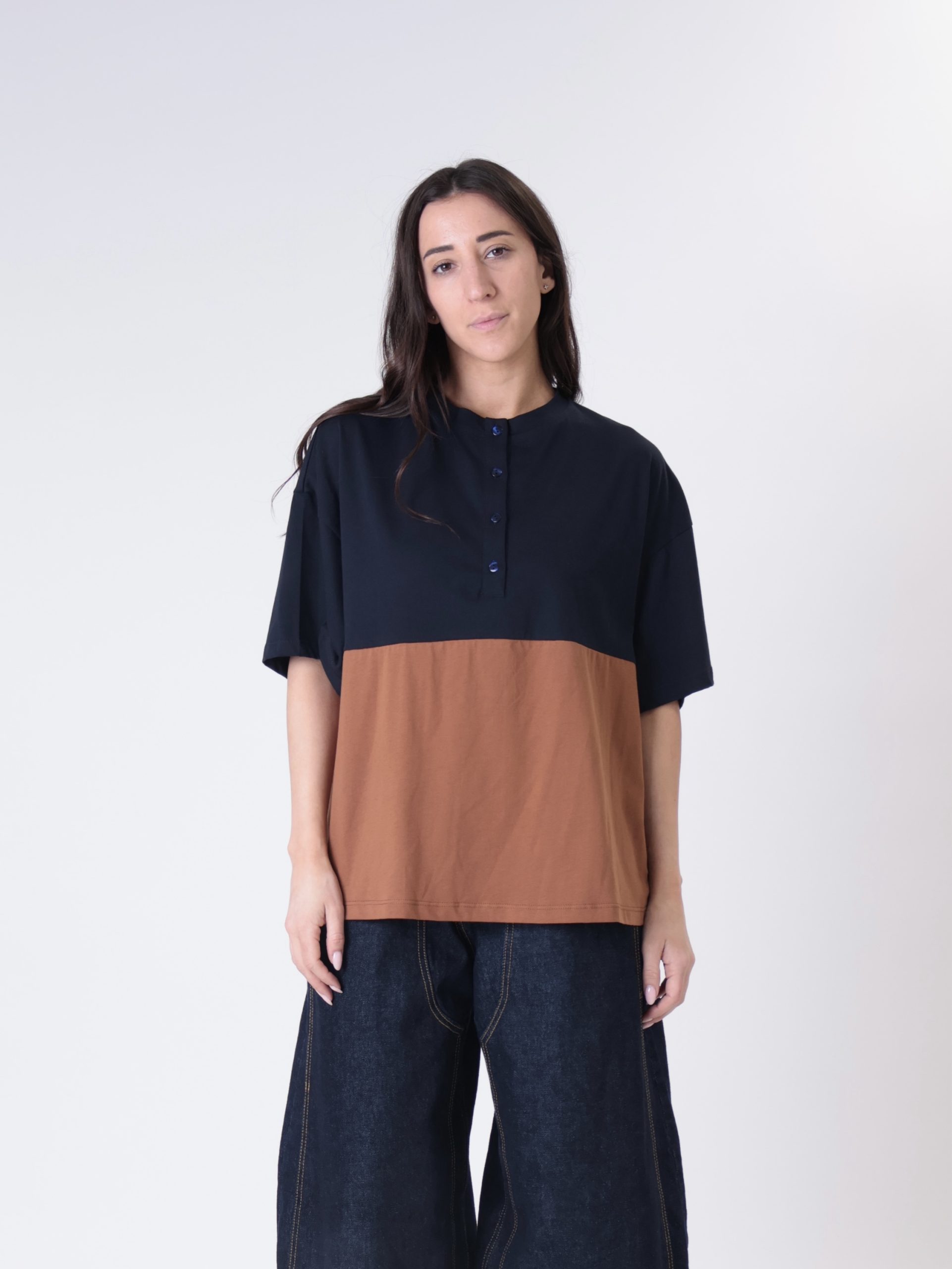 T-shirt Lory bottoni blu/tabacco