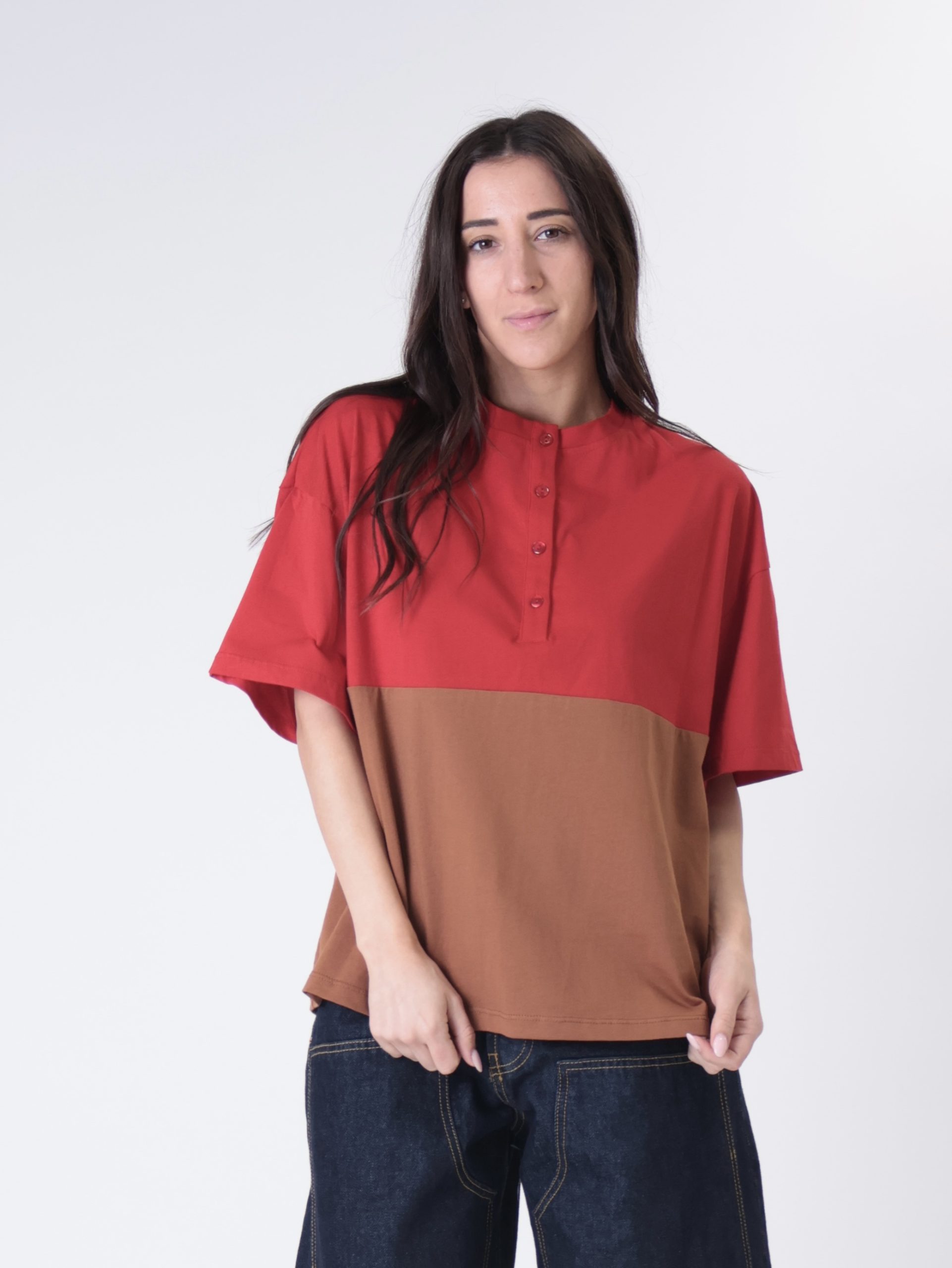 T-shirt Lory bottoni rosso/tabacco