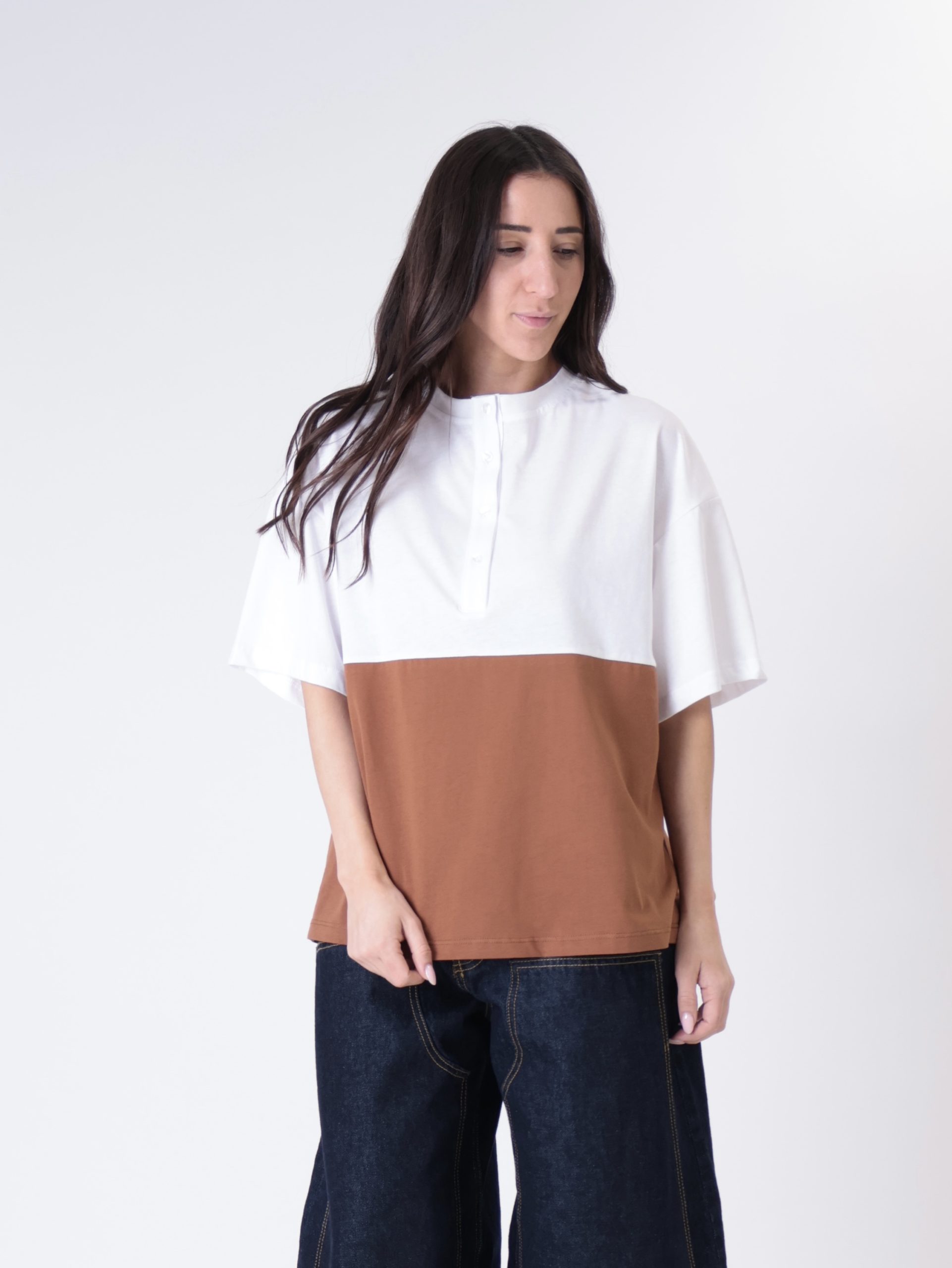 T-shirt Lory bottoni bianco/tabacco