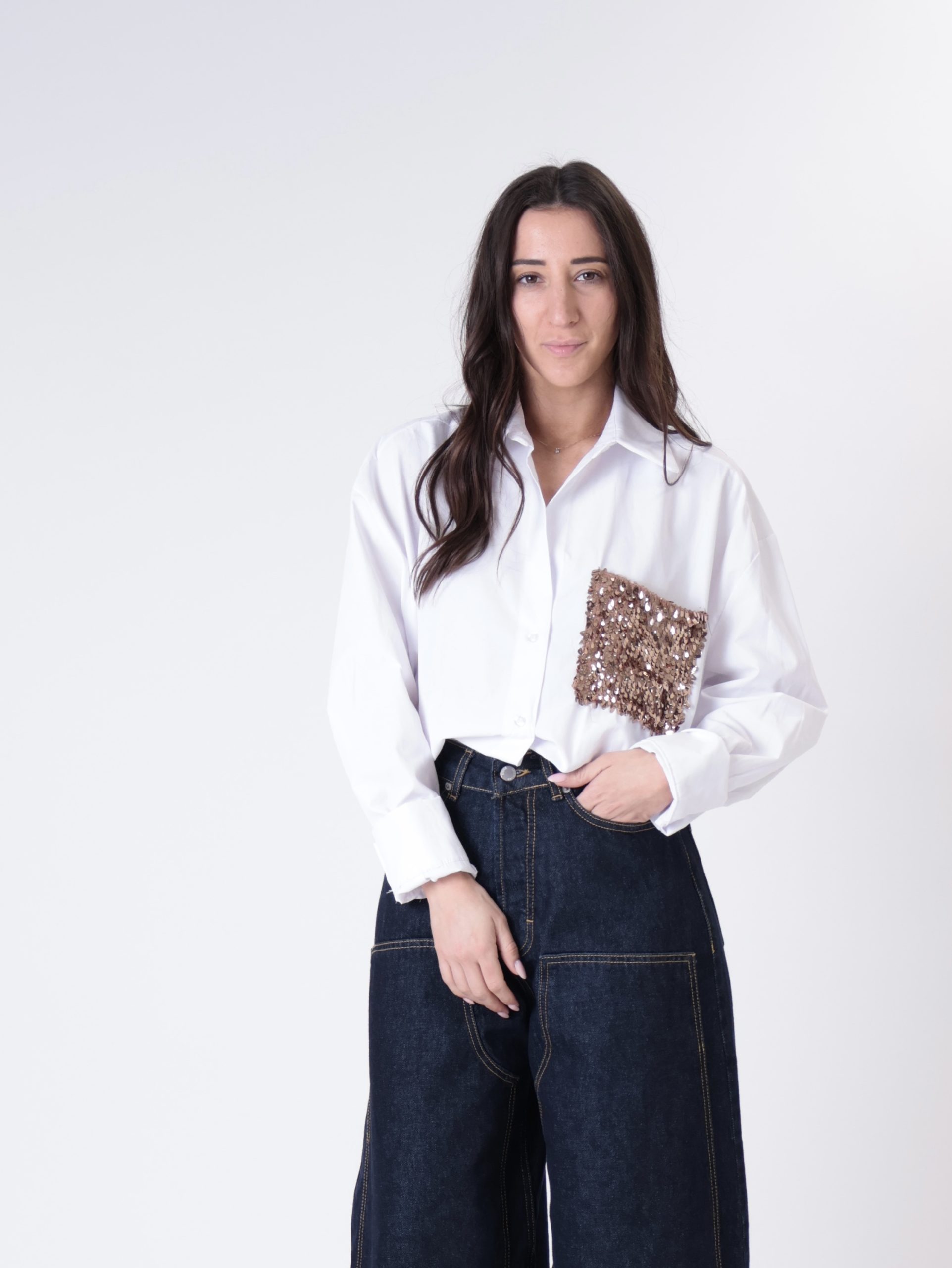 Camicia bianca tasca paillettes bronzo 23/04