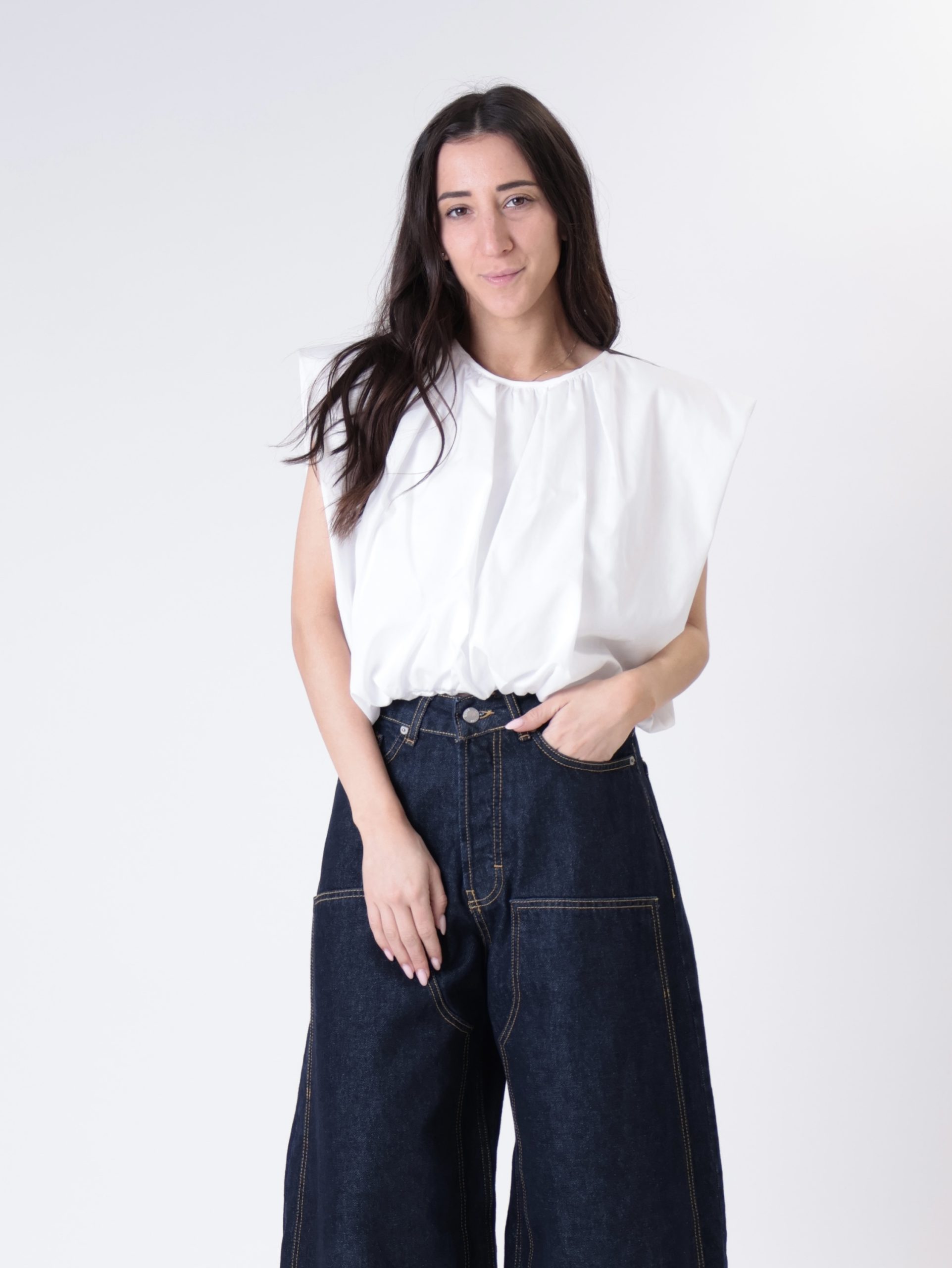 Blusa cotone arricciata bianco