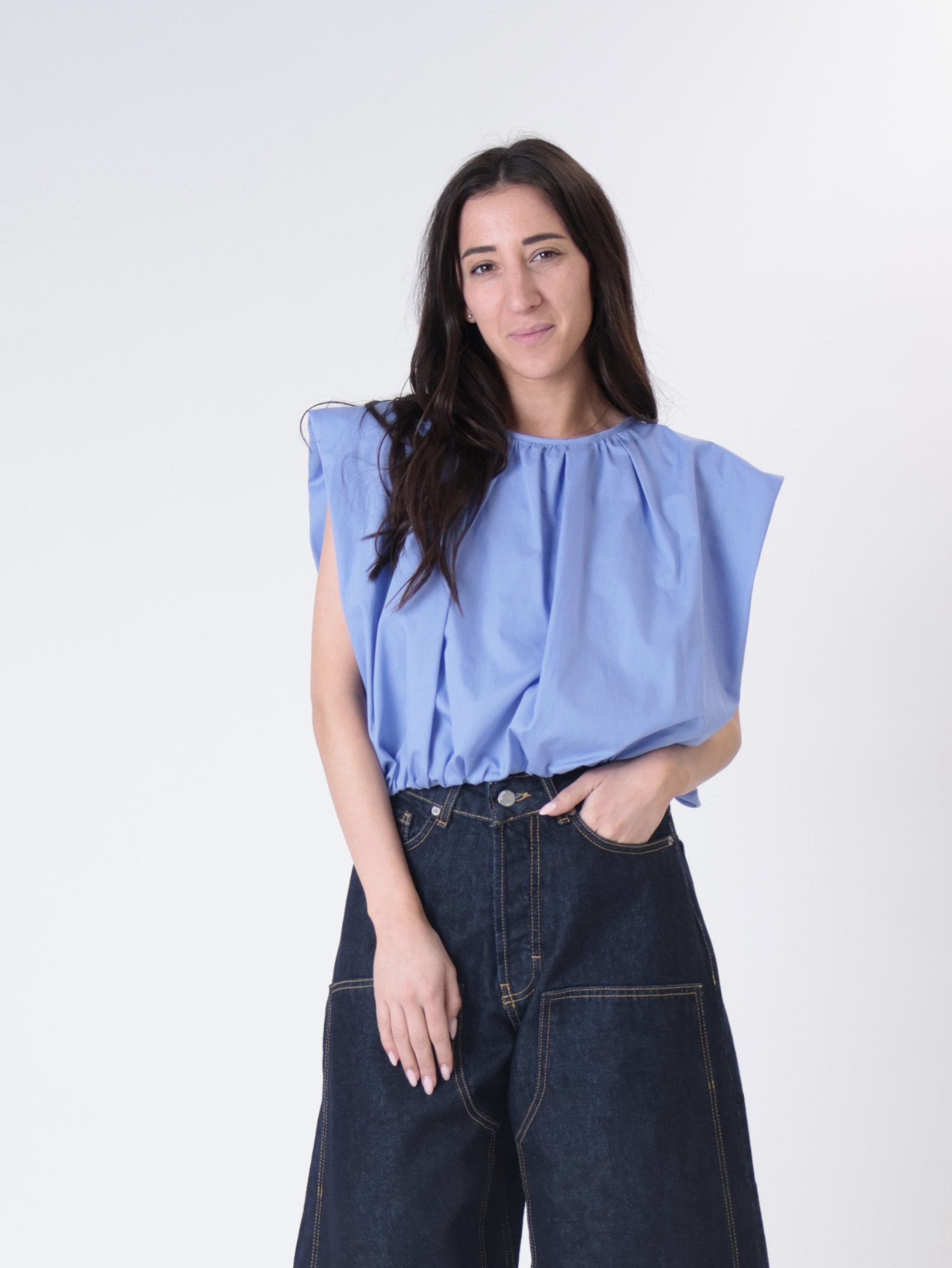 Blusa cotone arricciata celeste