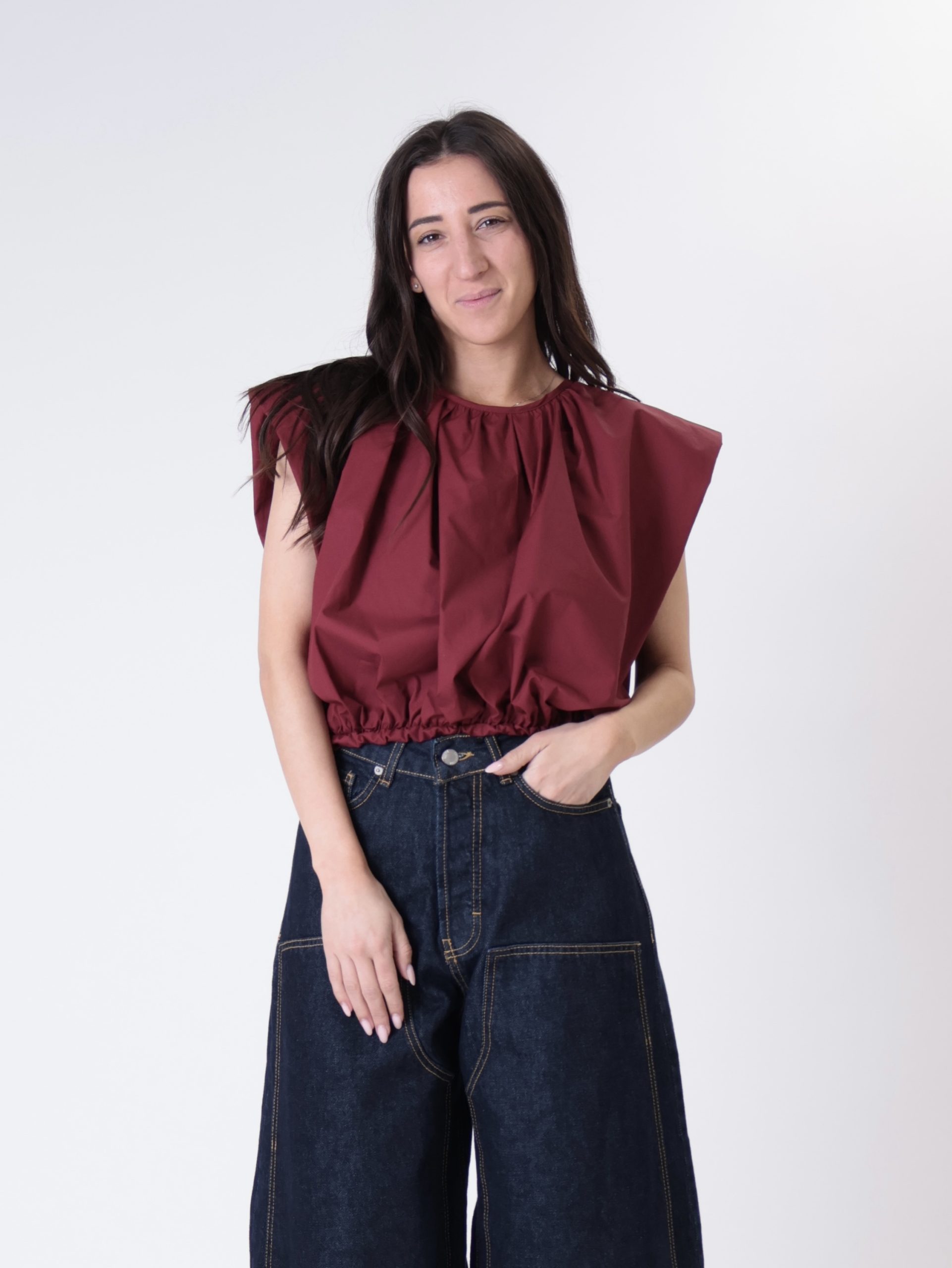 Blusa cotone arricciata bordeaux