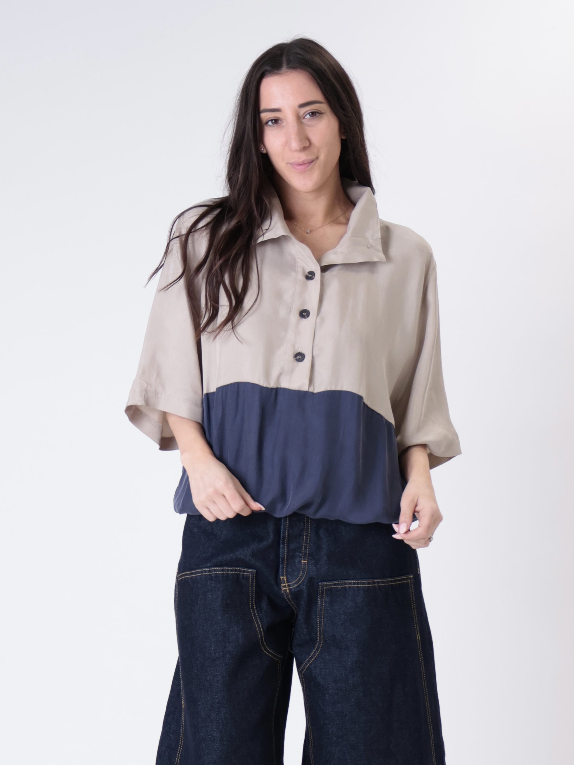 Blusa Lory m/m beige/blu